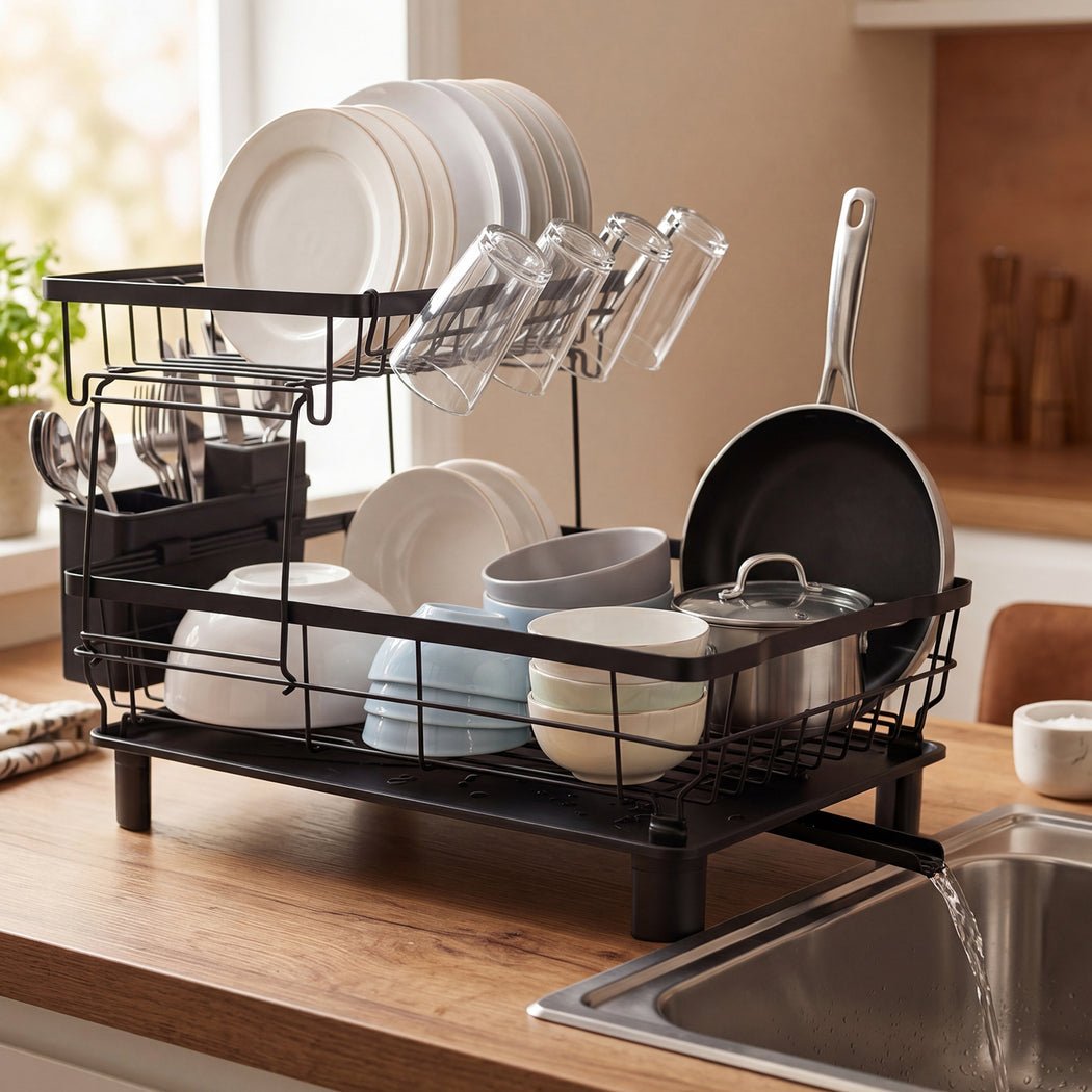 Toque 2 Tier Drying Rack Kitchen Organizer Storage Plate Drainer Cutlery Holder-2061251870420242439