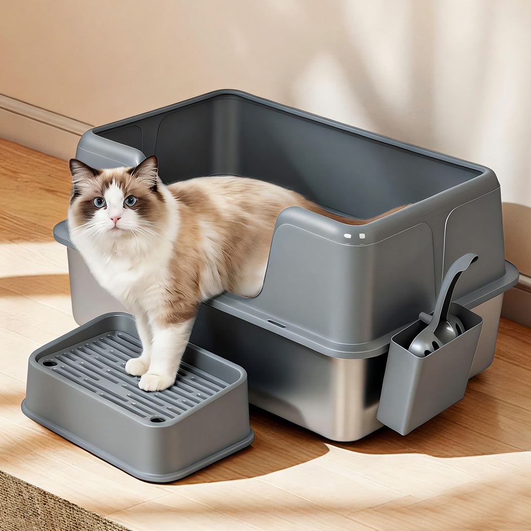 Pawz Stainless Steel Cat Litter Box Large Semi-Enclosed Easy Cleaning Pet Toilet-2065254294902411271