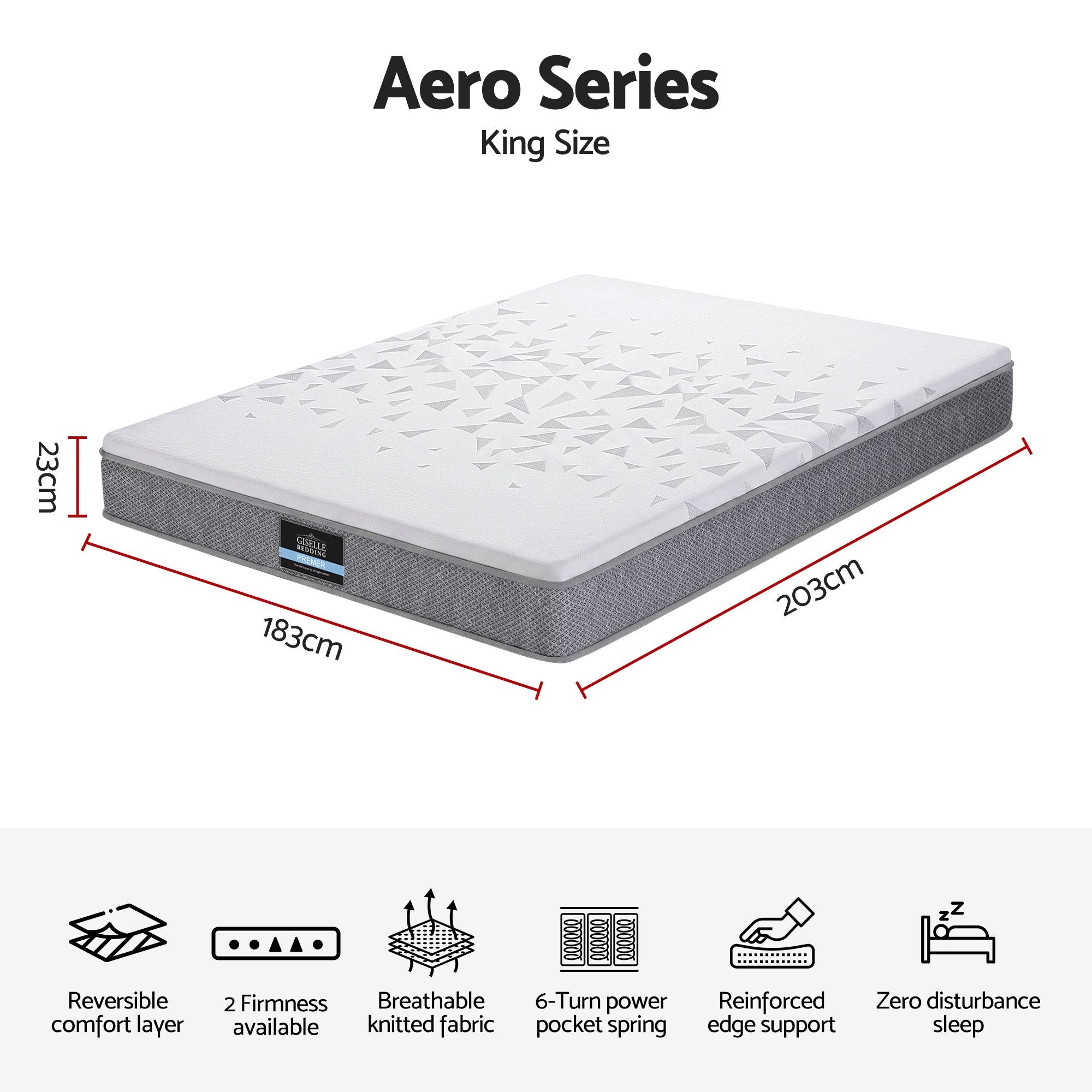 Giselle Bedding King Mattress 23cm Pocket Spring Mattress with Adjustable Firmness Reversible Foam Layer