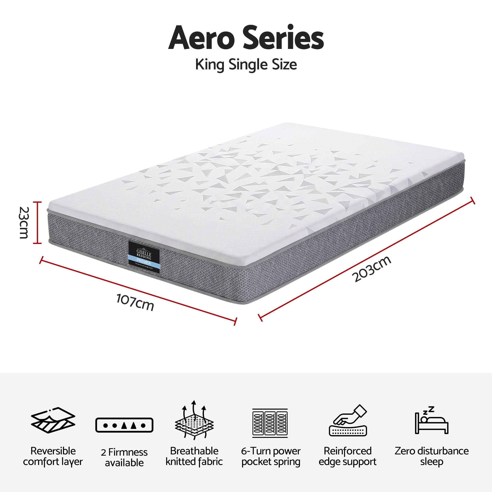 Giselle Bedding King Single Mattress 23cm Pocket Spring Mattress with Adjustable Firmness Reversible Foam Layer