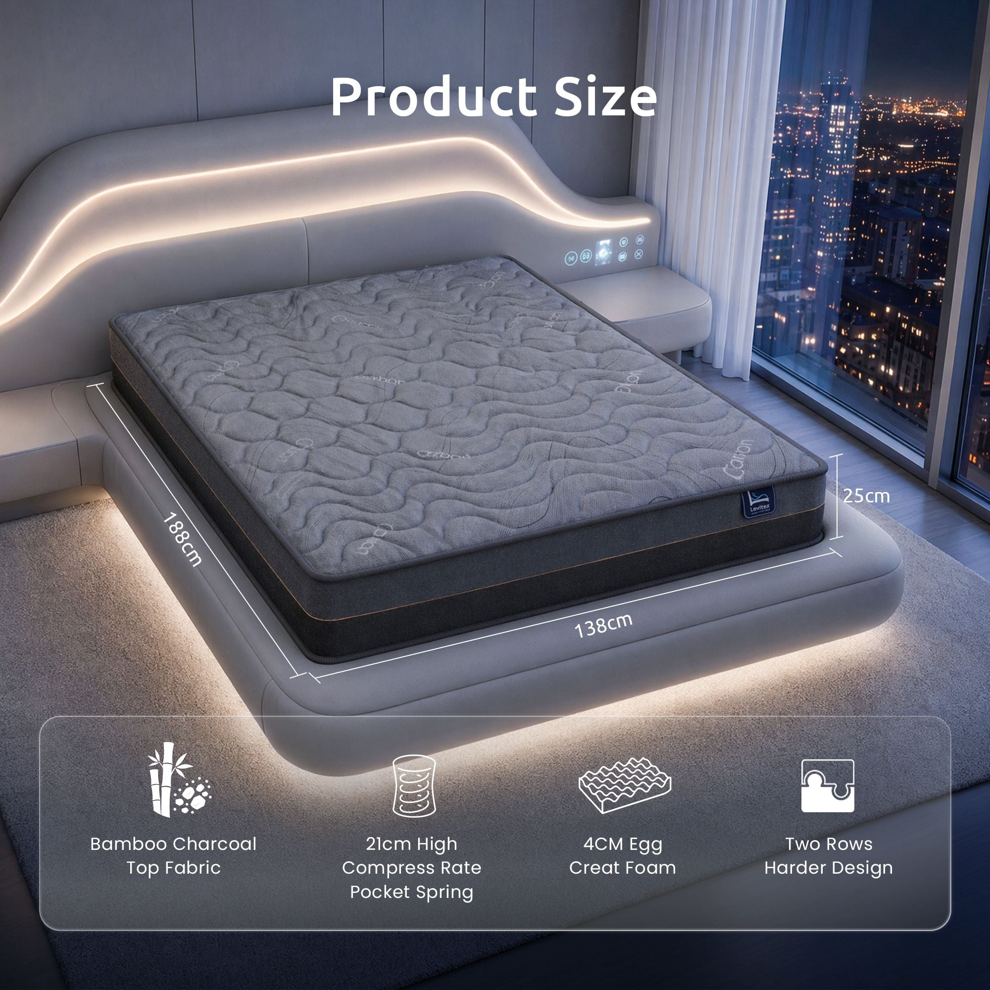 Levitex Hybrid Pocket Spring Mattress 25 cm Firm Double with 4 cm Egg Crate Foam