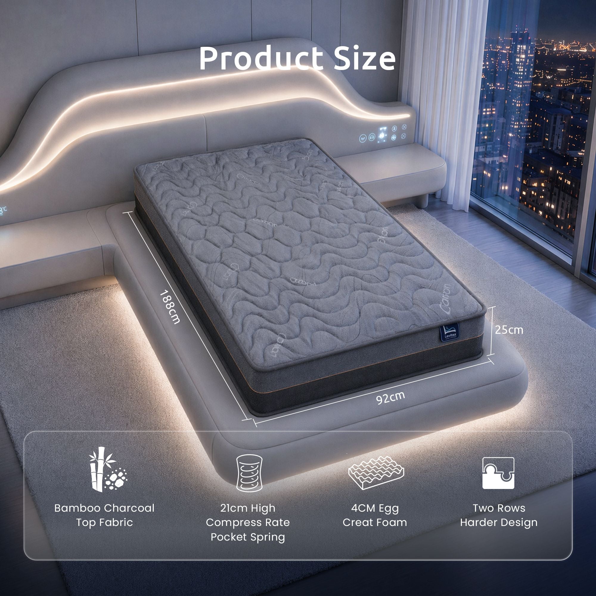 Levitex Hybrid Pocket Spring Mattress 25 cm Firm Single with 4cm Egg Crate Foam