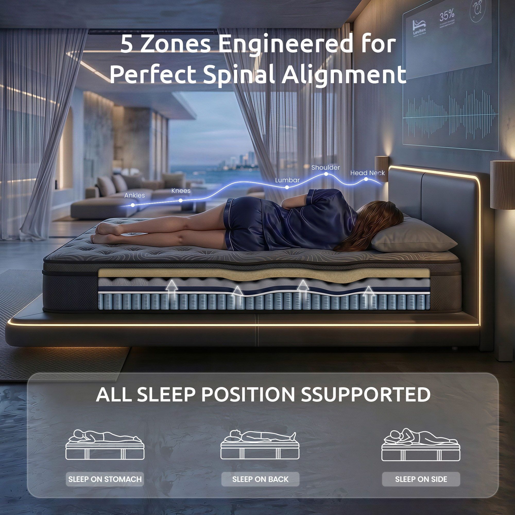 Levitex 34cm Pocket Spring Gel Memory Foam Hybrid Mattress Back Pain Double
