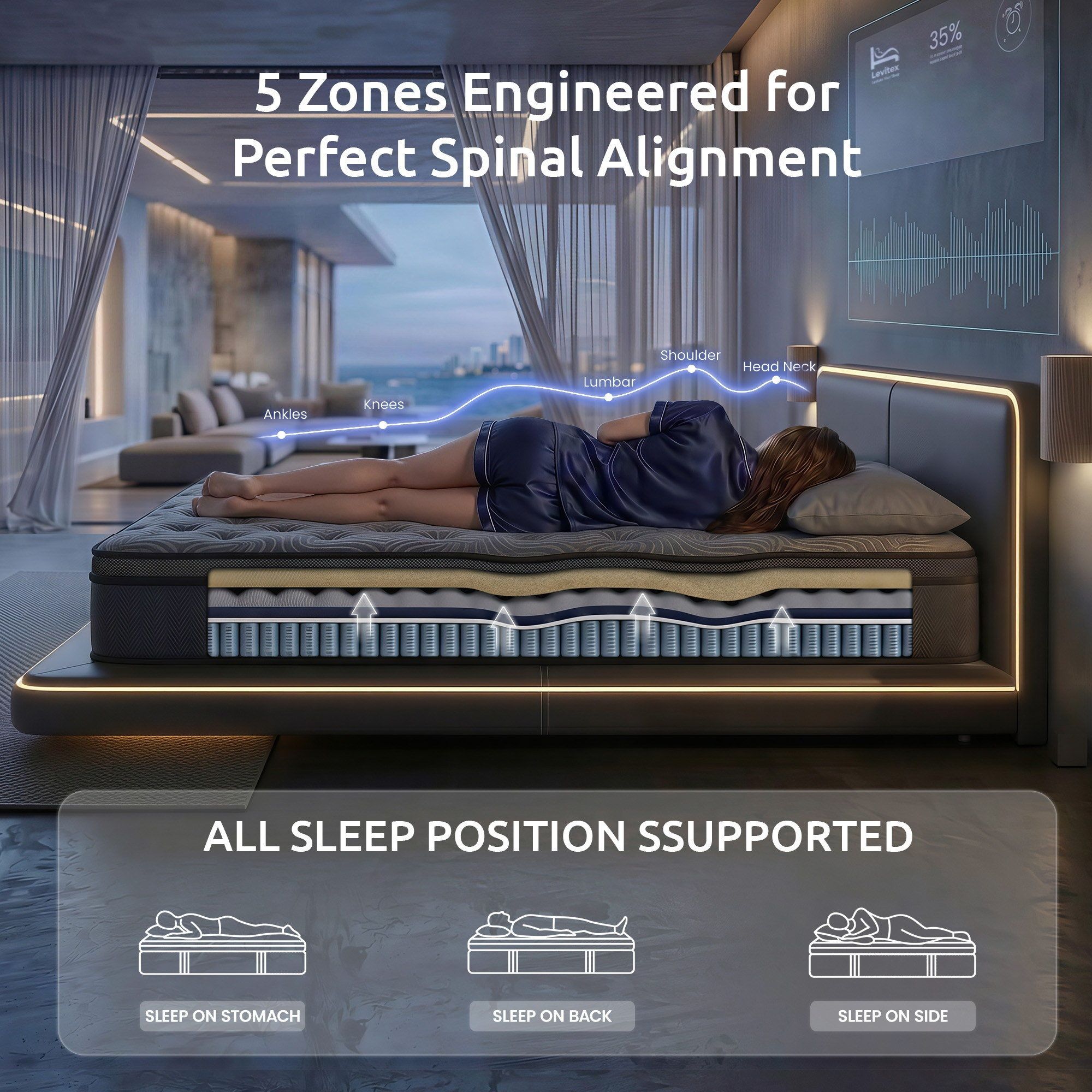 Levitex 34cm Pocket Spring Gel Memory Foam Hybrid Mattress Back Pain Single