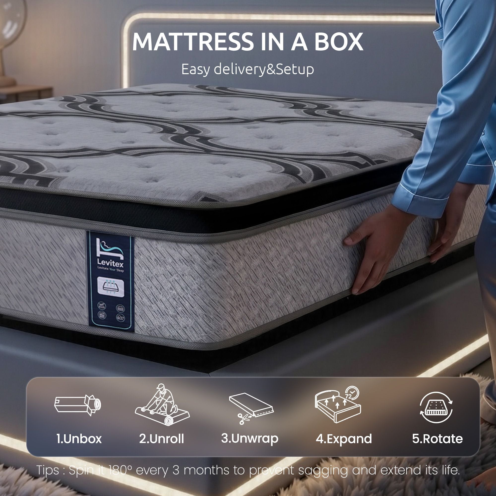 Levitex 5-Zone Pocket Spring Latex Memory Foam Hybrid Mattress Single 34cm