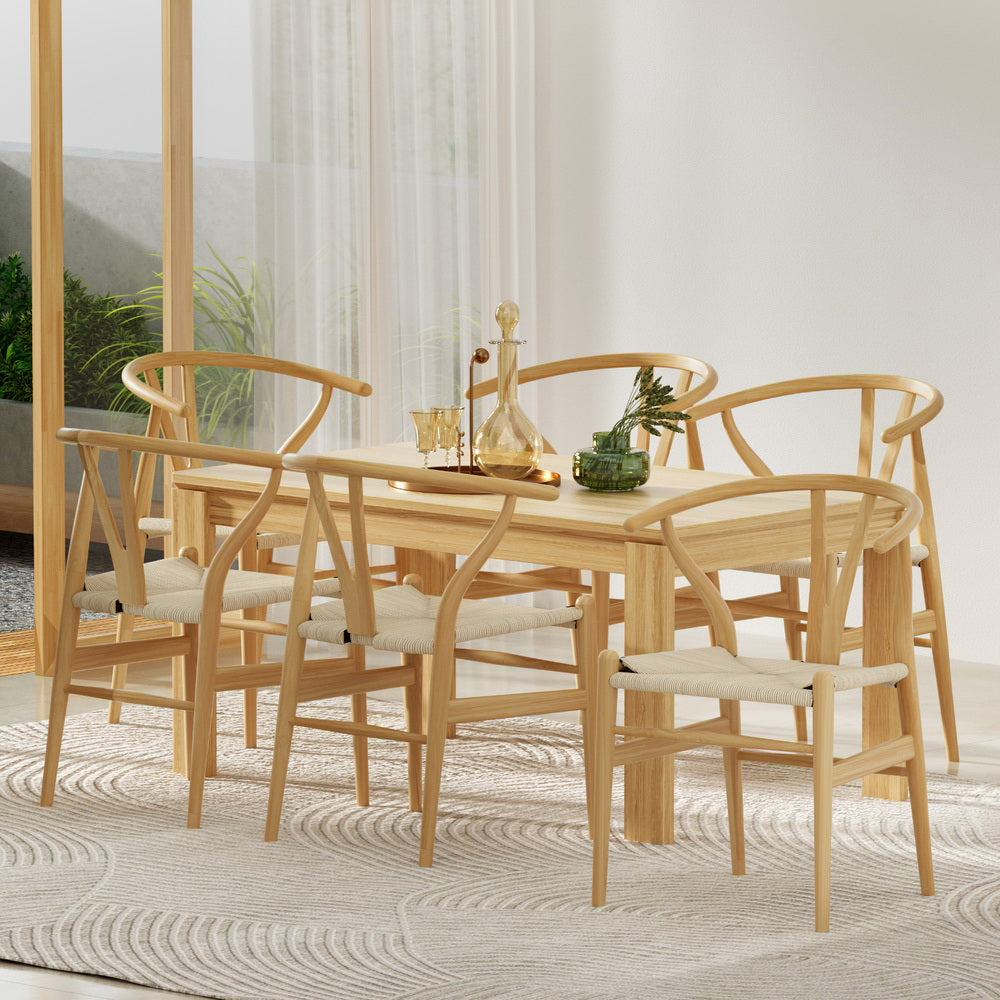 Artiss Dining Chairs Wooden Rattan Seat Wishbone Back 1 Set of 6