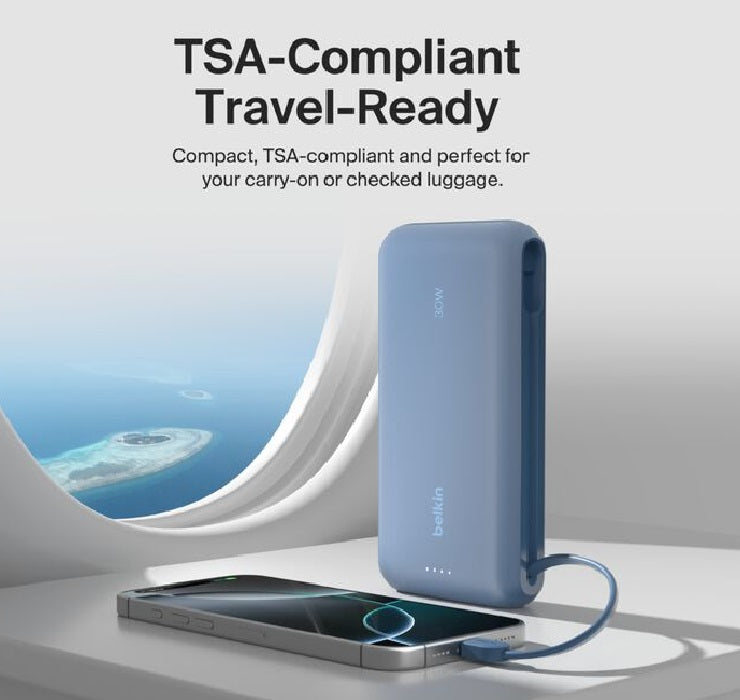 Belkin BoostCharge 20K mAh Power Bank With Integrated USB-C Cable - Blue