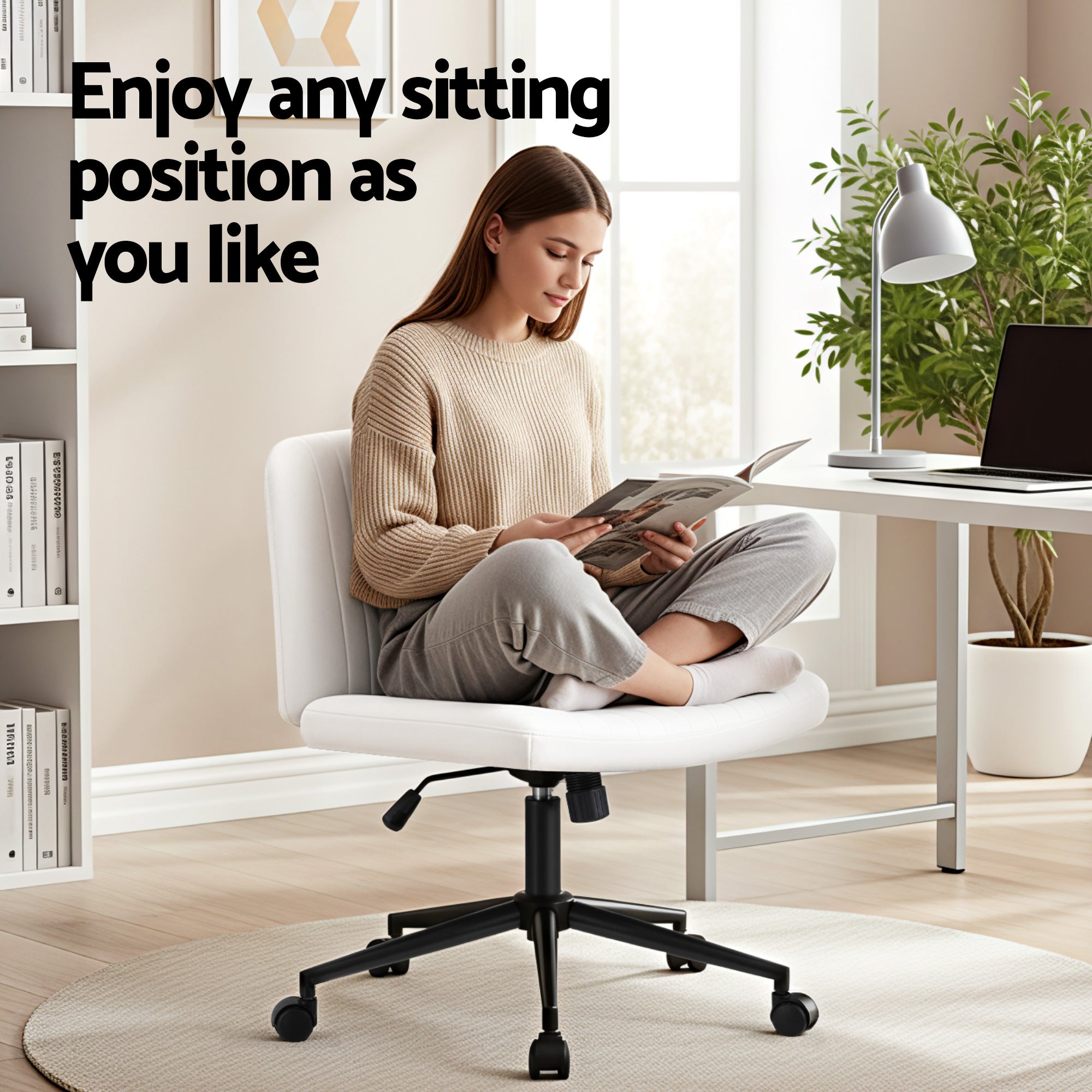 Artiss Criss Cross Chair with Wheels Wide Cross Legged Office Desk Chair PU Leather White