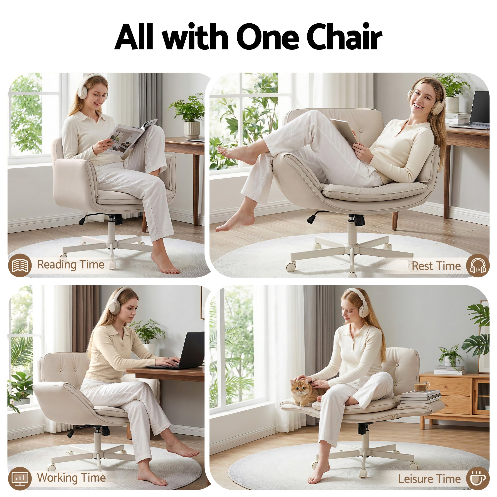 Artiss Criss Cross Chair with Wheels & Adjustable Armrests Office Desk Chair PU Leather Chair Swivel Beige