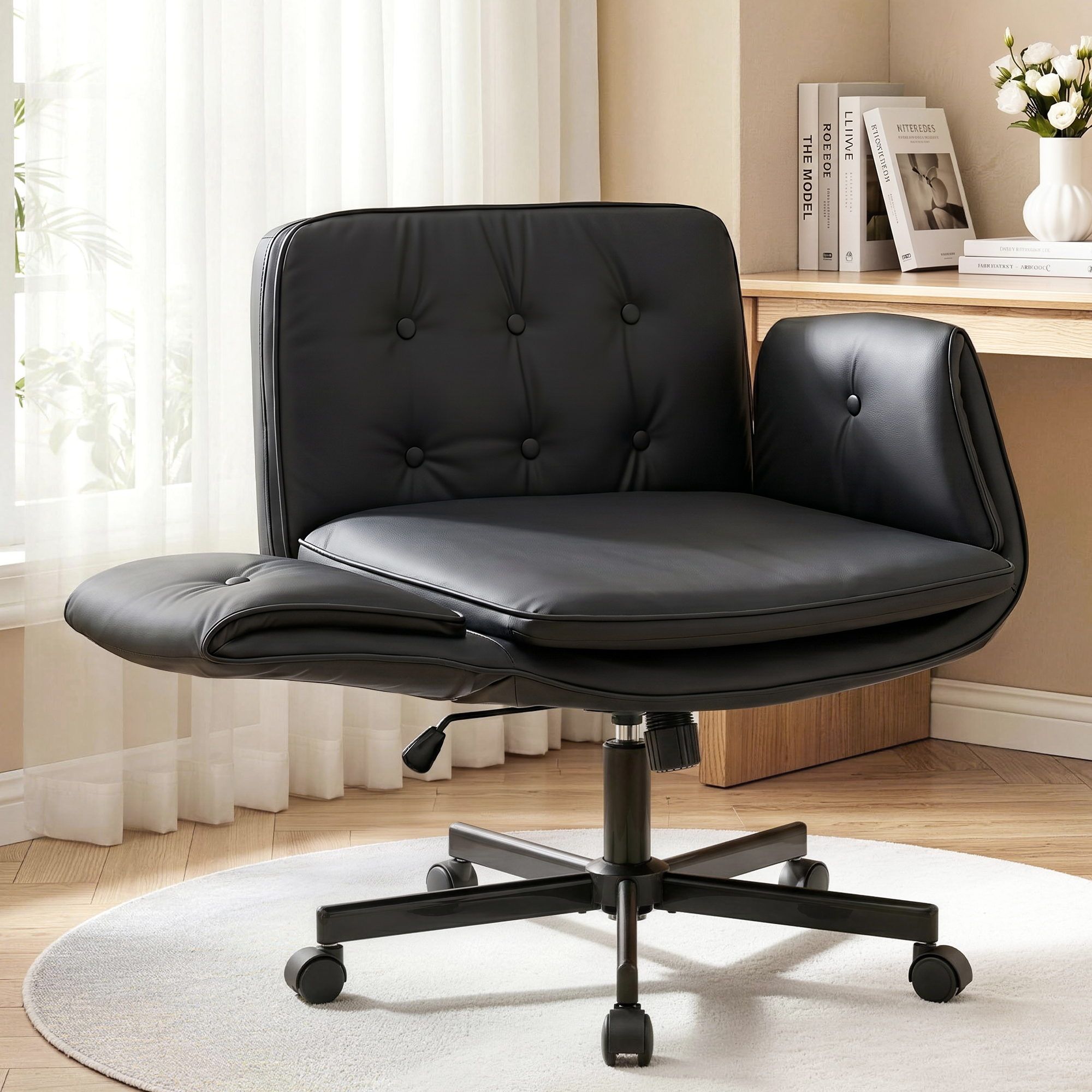 Artiss Criss Cross Chair with Wheels & Adjustable Armrests, Ergonomic Cross Legged Office Desk Chair PU Leather Vanity Chair Swivel