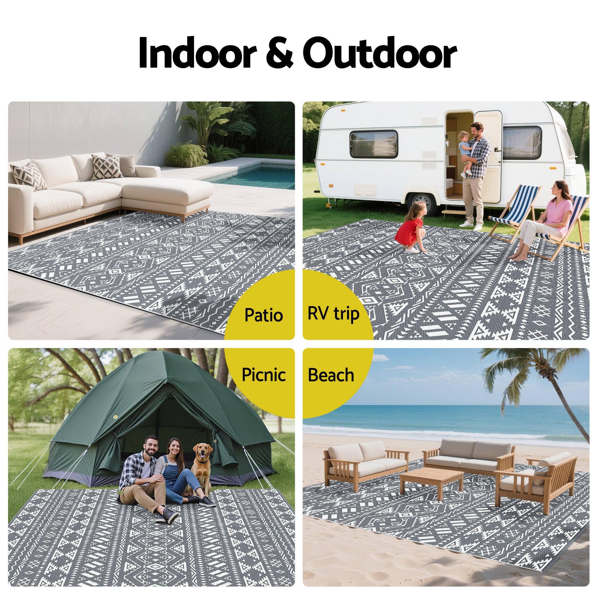 Gardeon Outdoor Rugs 274x366cm Large Carpet Reversible Mat PP Dual-Sided Patio Rug Bohemian