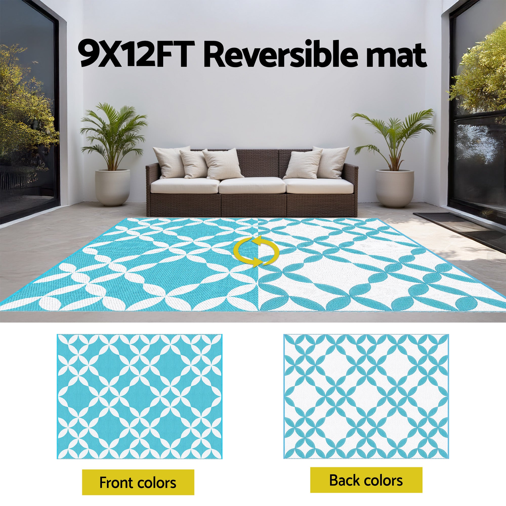 Gardeon Outdoor Rugs 274x366cm Large Carpet Reversible Mat PP Dual-Sided Patio Rug Light Blue