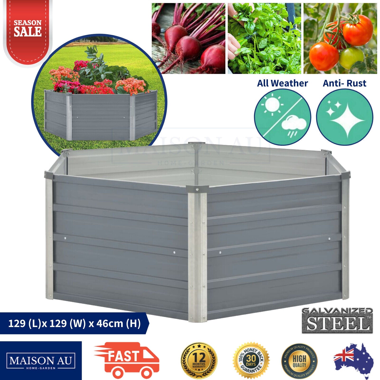 Raised Garden Bed 129x129x46 cm Galvanised Steel Grey
