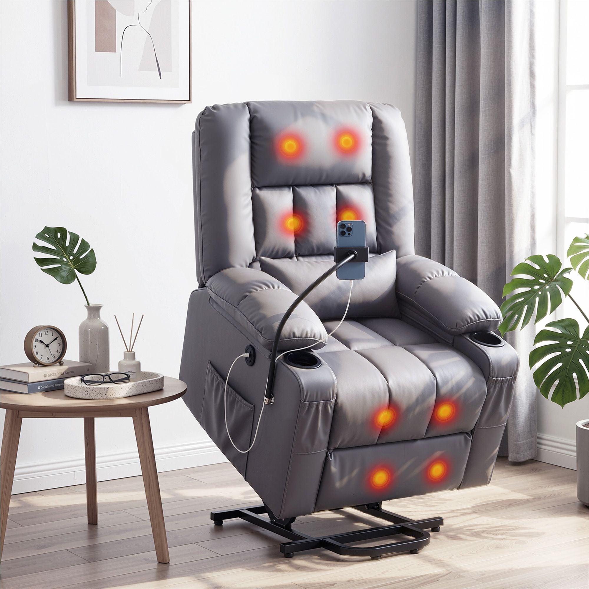 Artiss Power Lift Recliner Chair with Massage and Heat for Elderly, Electric Sofa Reclining Chair with USB and Phone Holder, PU Leather Comfy Armchair Grey