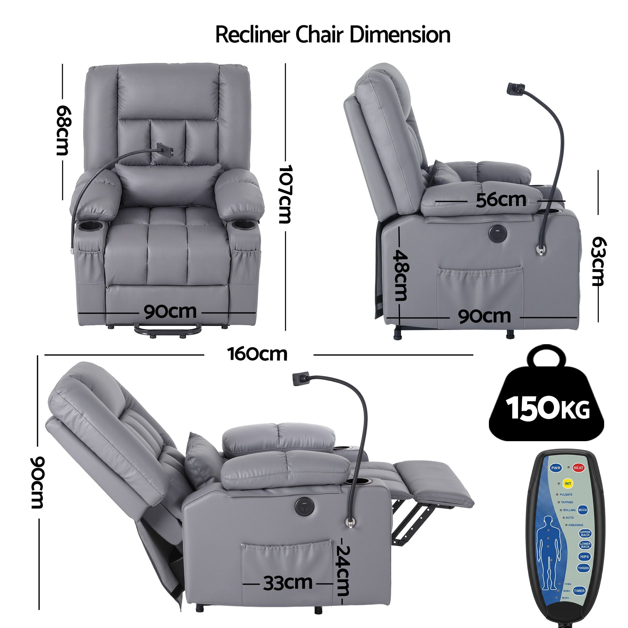 Artiss Power Lift Recliner Chair with Massage and Heat for Elderly, Electric Sofa Reclining Chair with USB and Phone Holder, PU Leather Comfy Armchair Grey