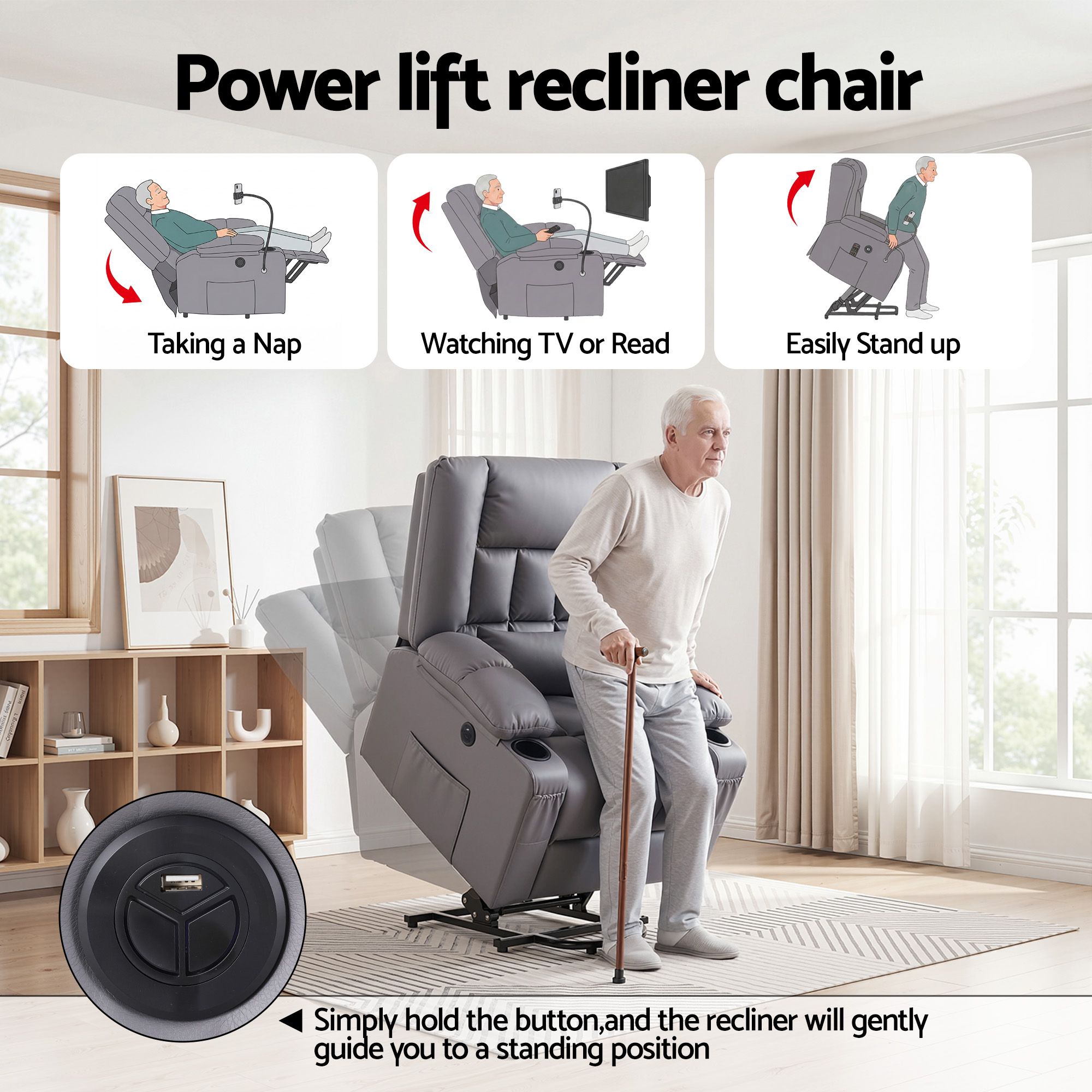 Artiss Power Lift Recliner Chair with Massage and Heat for Elderly, Electric Sofa Reclining Chair with USB and Phone Holder, PU Leather Comfy Armchair Grey