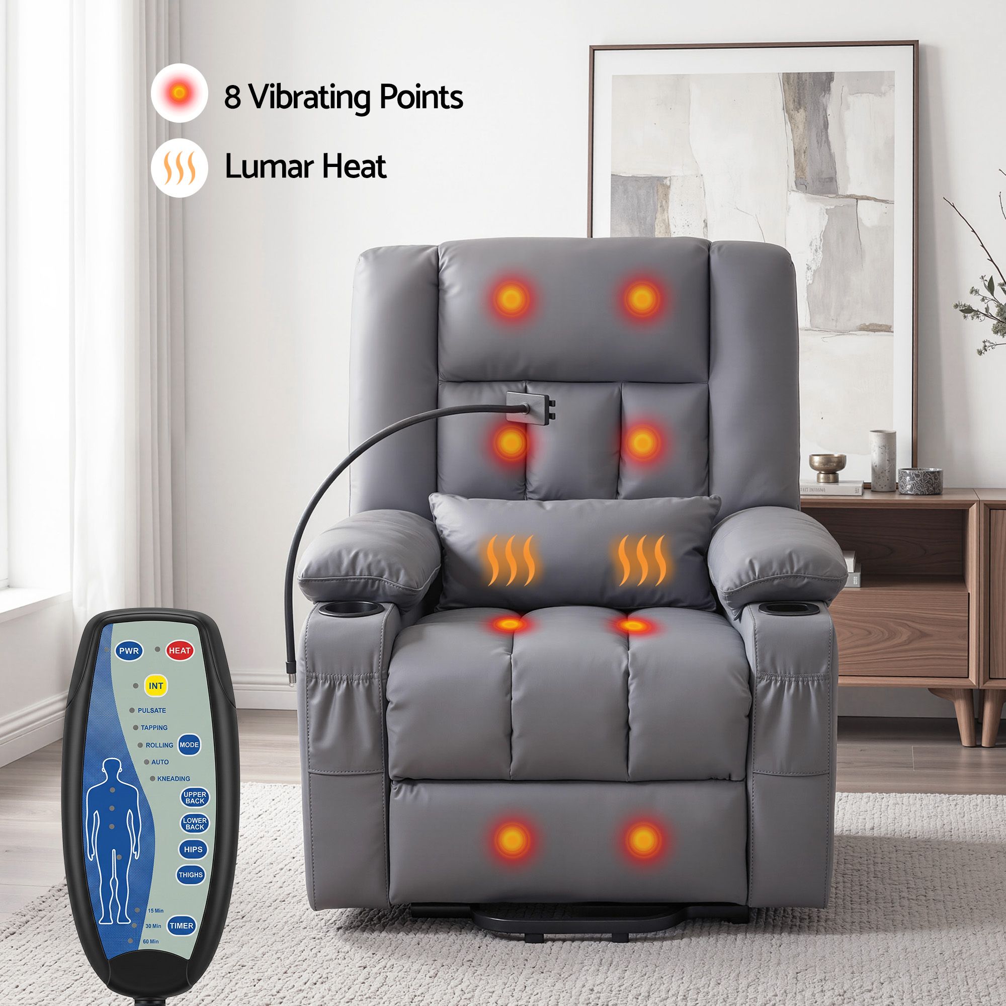 Artiss Power Lift Recliner Chair with Massage and Heat for Elderly, Electric Sofa Reclining Chair with USB and Phone Holder, PU Leather Comfy Armchair Grey