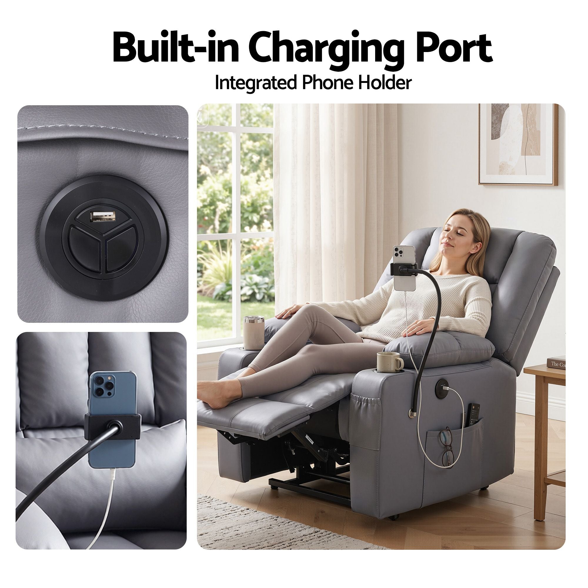 Artiss Power Lift Recliner Chair with Massage and Heat for Elderly, Electric Sofa Reclining Chair with USB and Phone Holder, PU Leather Comfy Armchair Grey