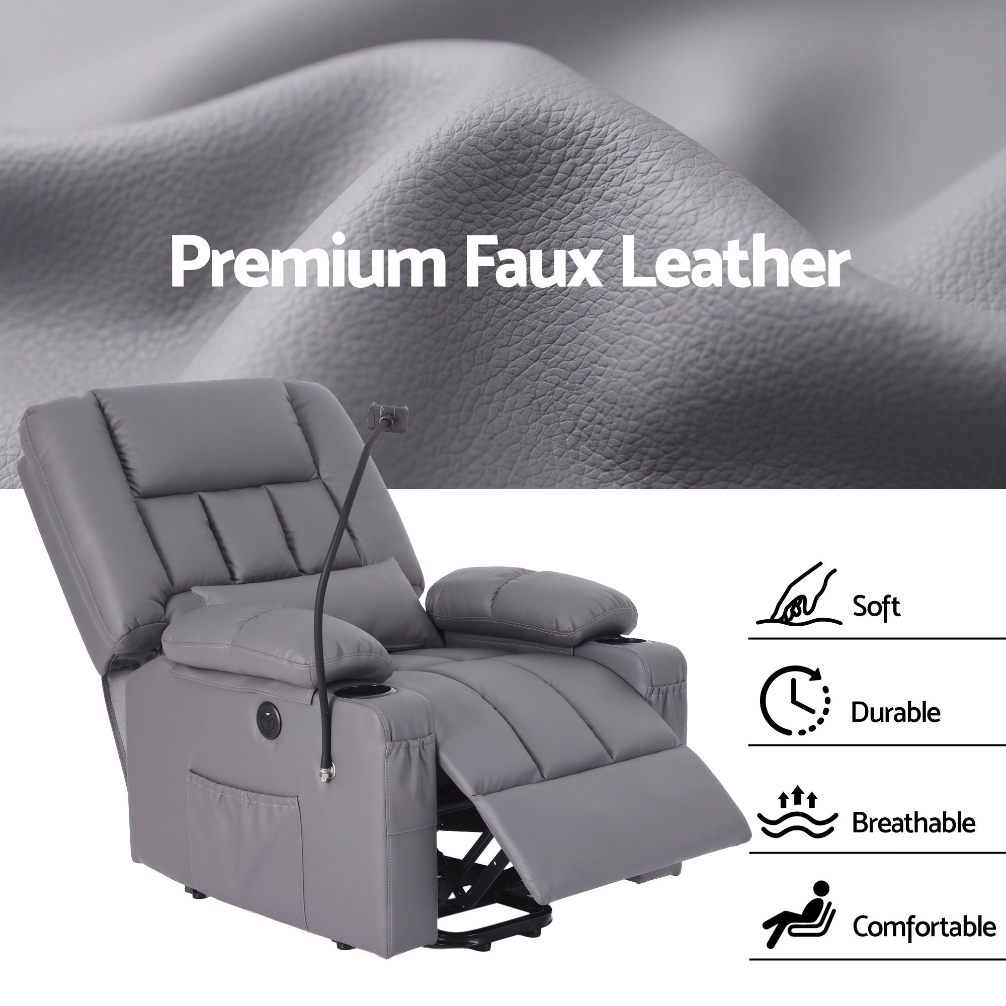 Artiss Power Lift Recliner Chair with Massage and Heat for Elderly, Electric Sofa Reclining Chair with USB and Phone Holder, PU Leather Comfy Armchair Grey