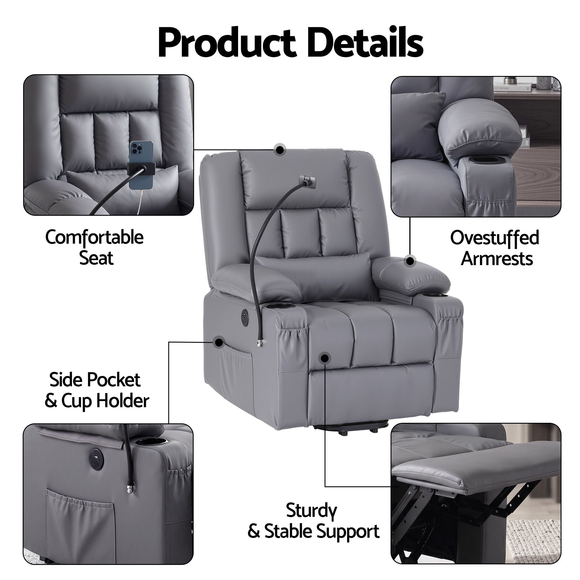 Artiss Power Lift Recliner Chair with Massage and Heat for Elderly, Electric Sofa Reclining Chair with USB and Phone Holder, PU Leather Comfy Armchair Grey