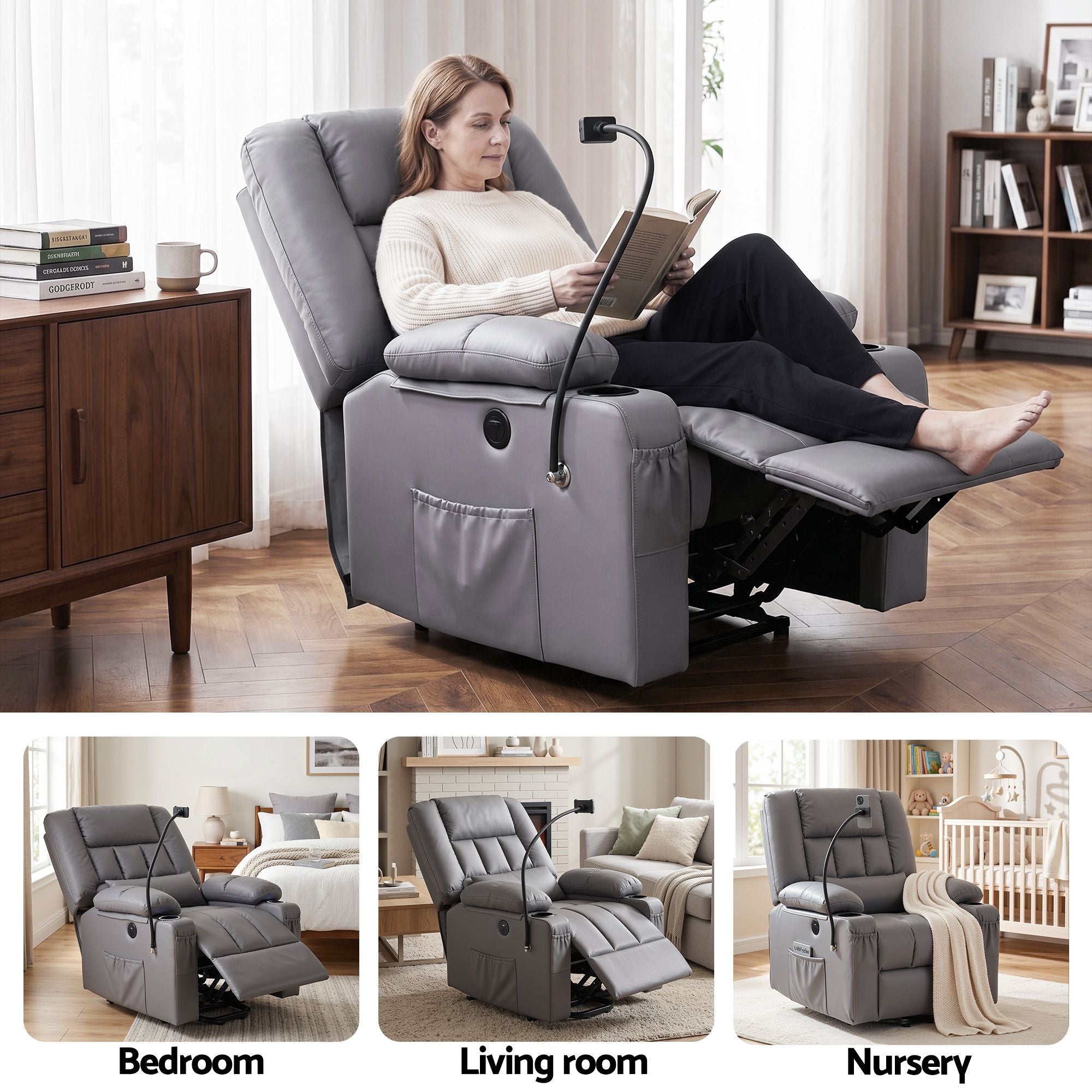 Artiss Power Lift Recliner Chair with Massage and Heat for Elderly, Electric Sofa Reclining Chair with USB and Phone Holder, PU Leather Comfy Armchair Grey