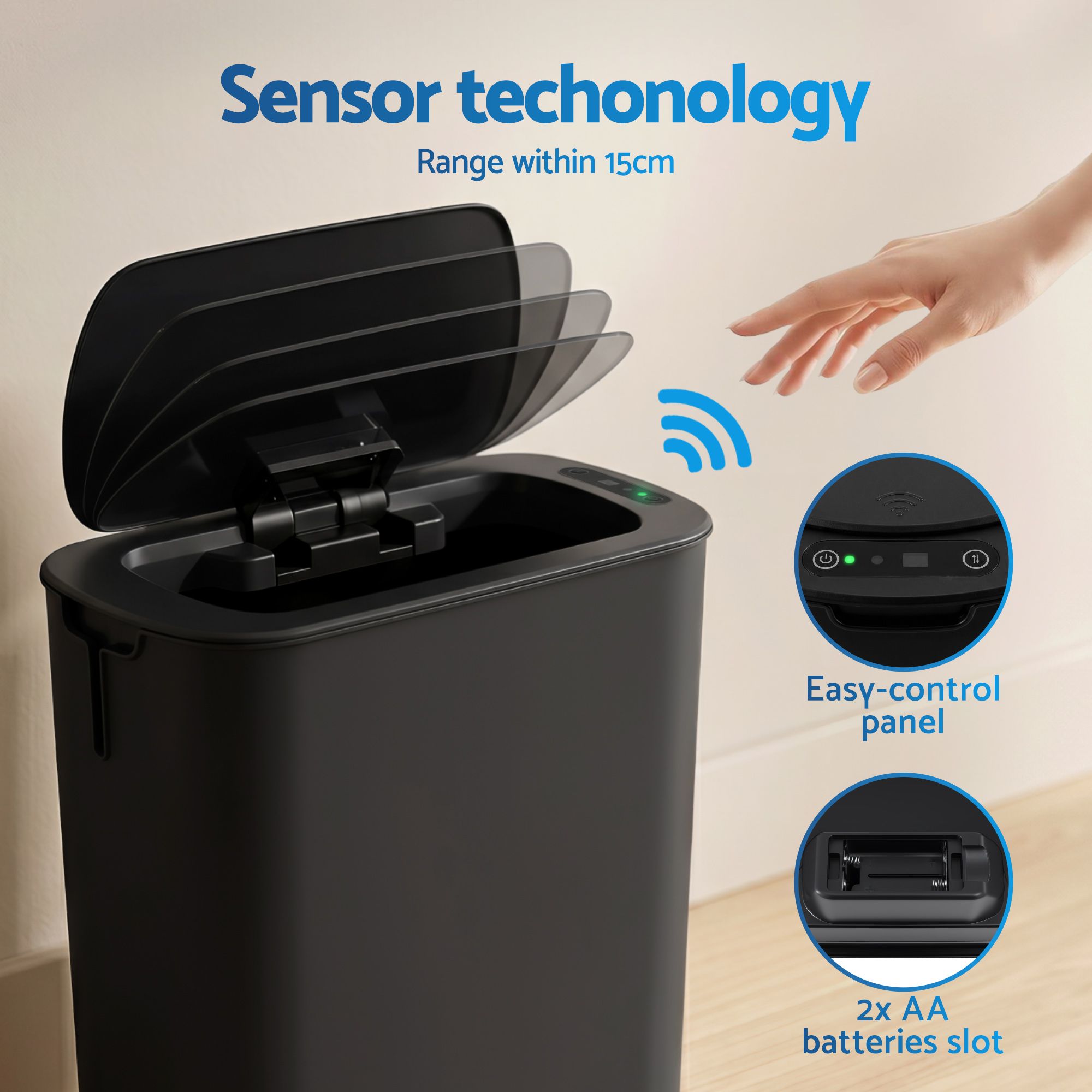 Devanti Automatic Trash Bin 2PCS with Lid 11L Motion Sensor Kitchen Bin Touchless Garbage Can Modern Black Plastic Slim Rubbish Bin with Liner Holder