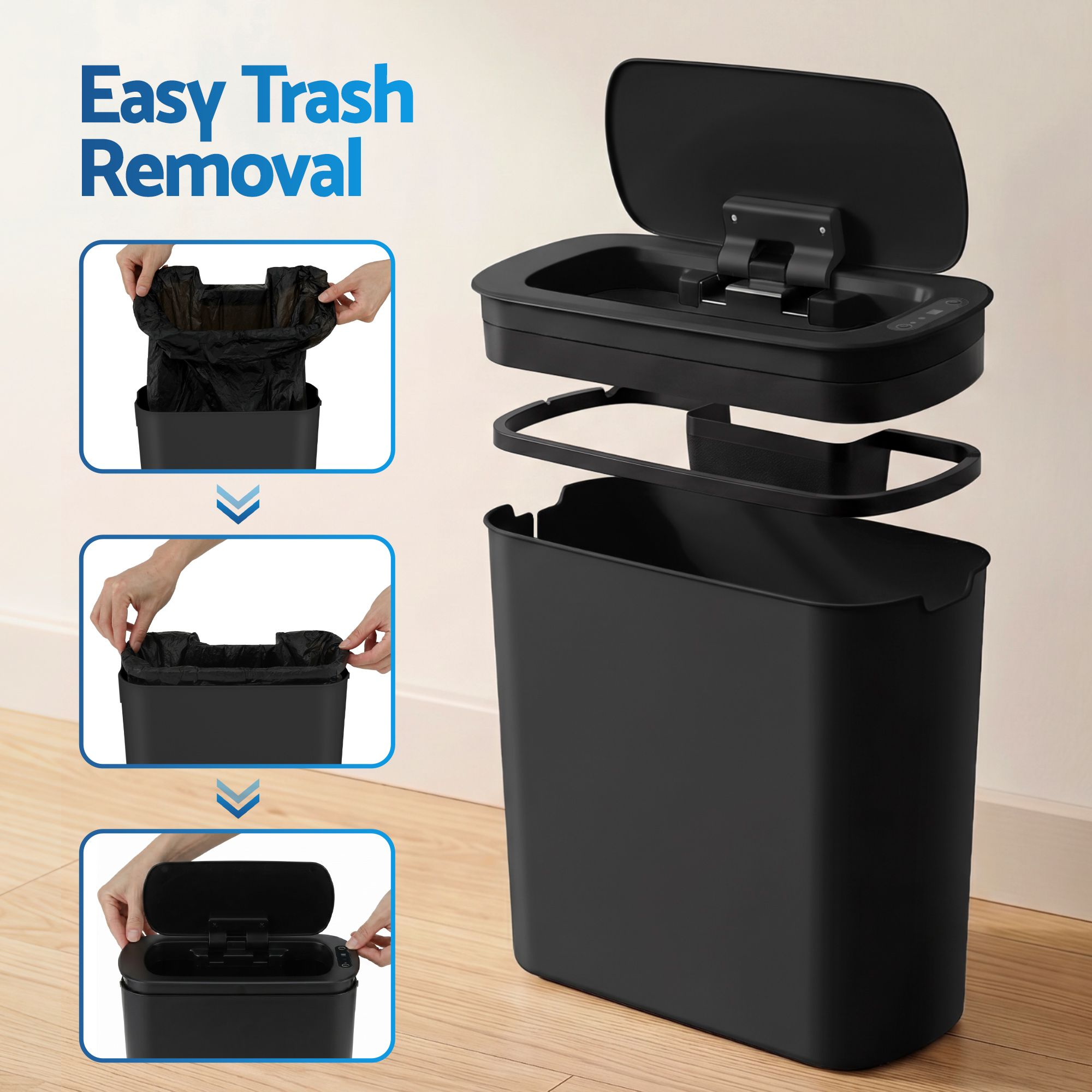 Devanti Automatic Trash Bin 2PCS with Lid 11L Motion Sensor Kitchen Bin Touchless Garbage Can Modern Black Plastic Slim Rubbish Bin with Liner Holder