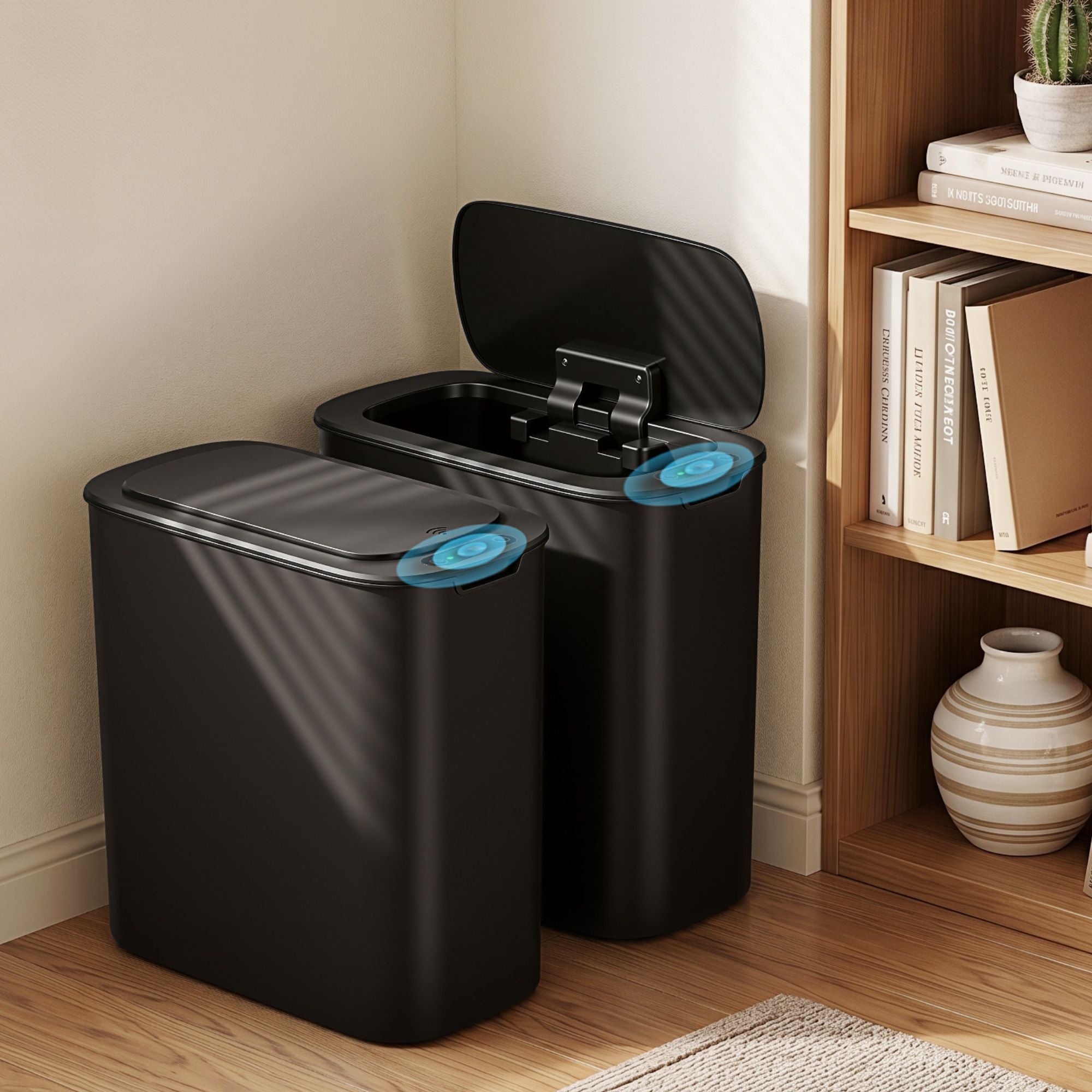 Devanti Automatic Trash Bin 2PCS with Lid 11L Motion Sensor Kitchen Bin Touchless Garbage Can Modern Black Plastic Slim Rubbish Bin with Liner Holder