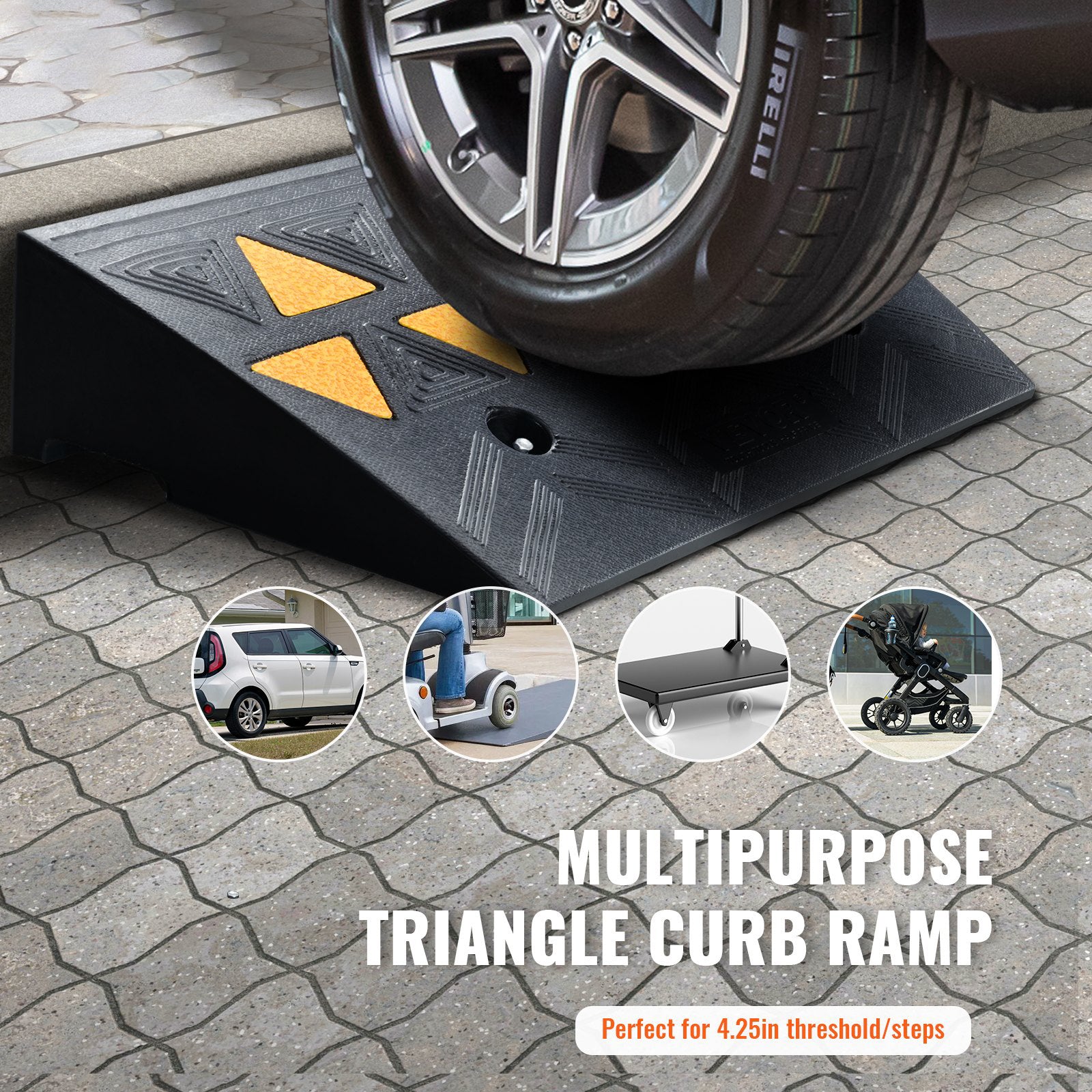 Rubber Curb Ramp 10.8cm Rise 30x50cm Heavy-Duty 15T Driveway Ramp for Vehicles