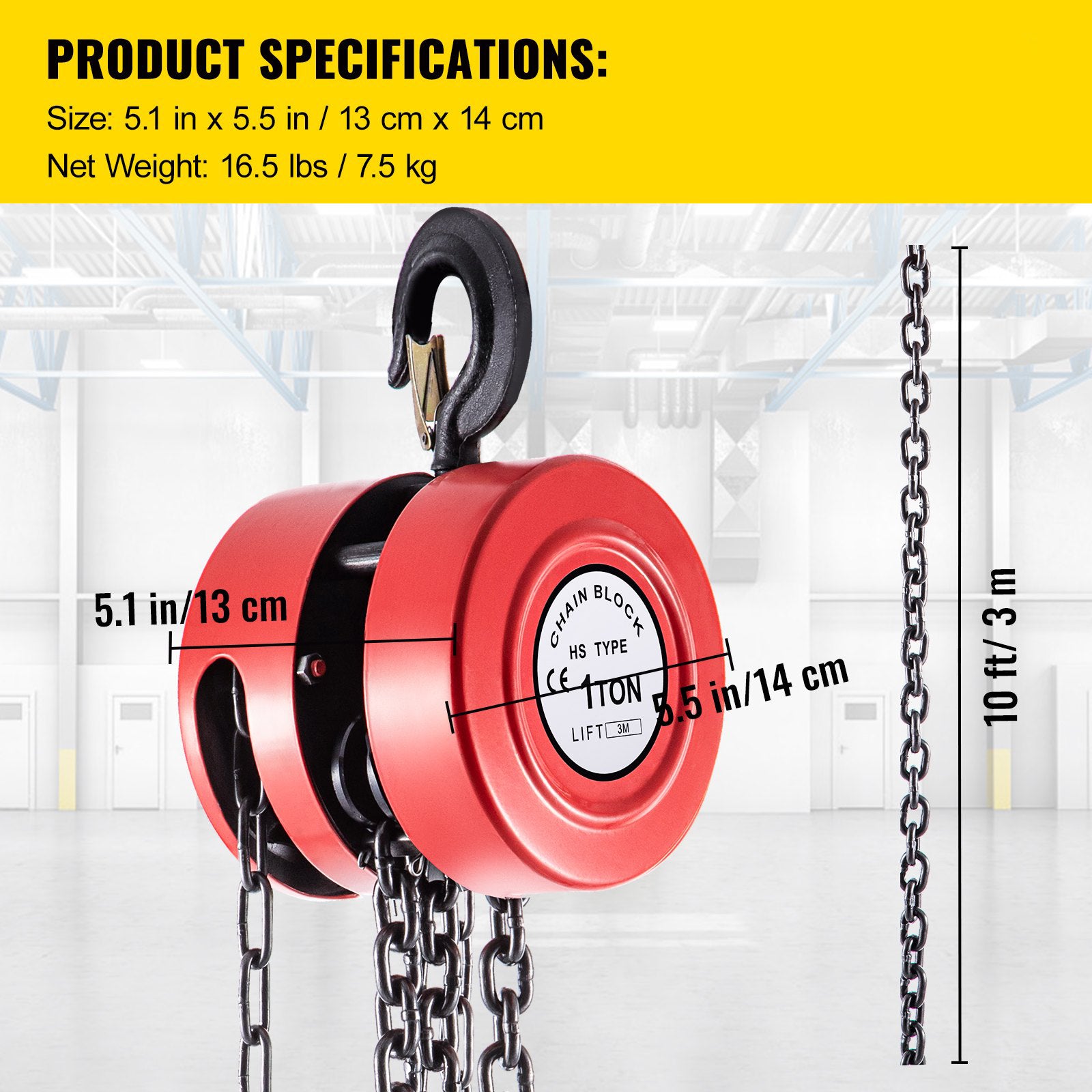 Hand Chain Hoist 1 Ton 2200lbs 10ft Manual Chain Block Industrial Steel Red