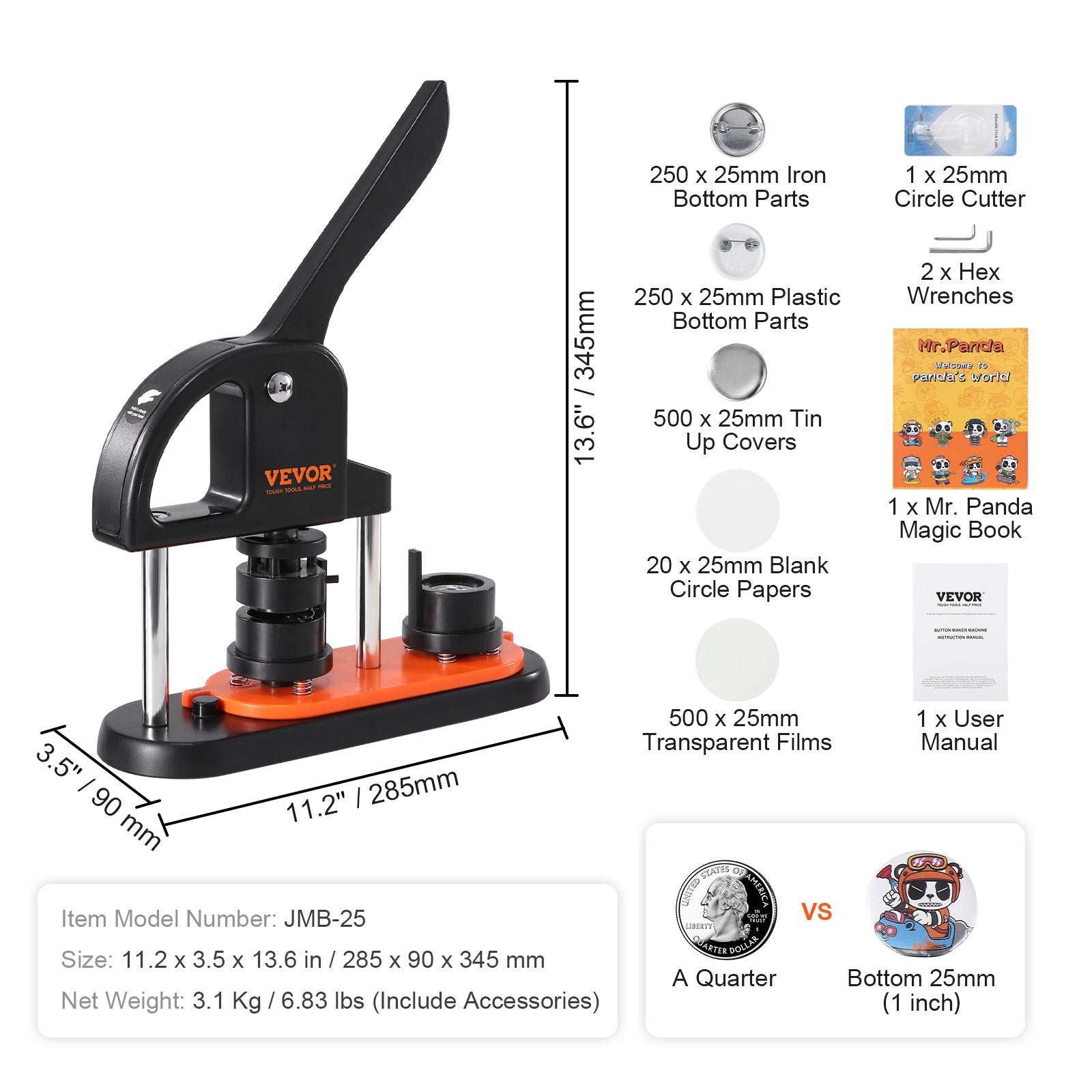 Button Maker Machine 0.98" 25MM Pin Maker Badge Press Kit 500 Parts