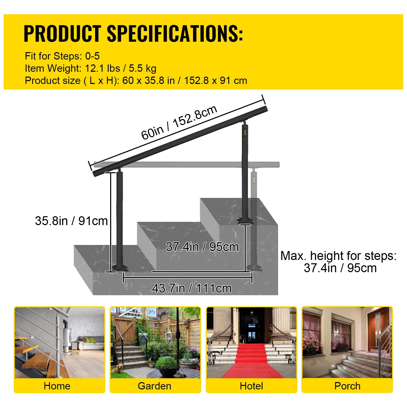 Adjustable Outdoor Handrail 5ft Stair Railing Aluminum Black