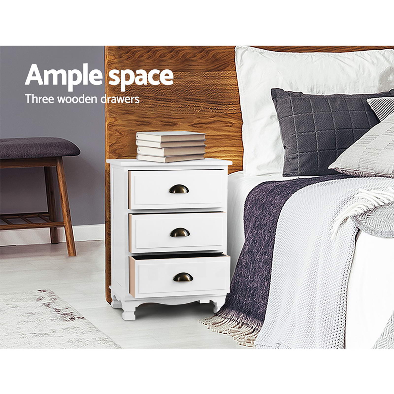 Artiss 2x Bedside Table 3 Drawers Vintage - White
