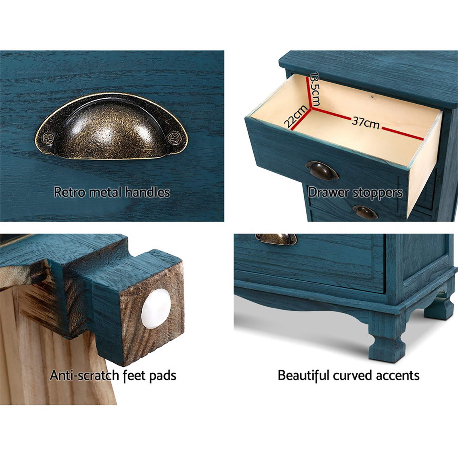 Artiss 2x Bedside Table 3 Drawers Vintage - Blue