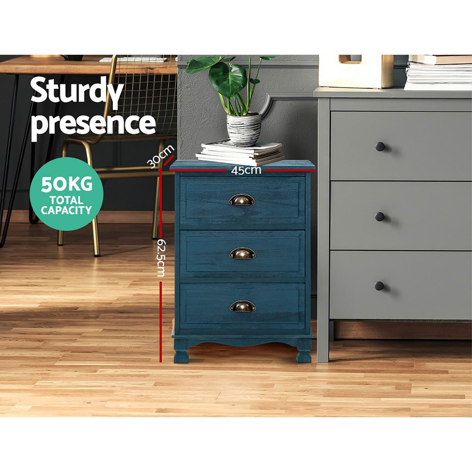 Artiss 2x Bedside Table 3 Drawers Vintage - Blue