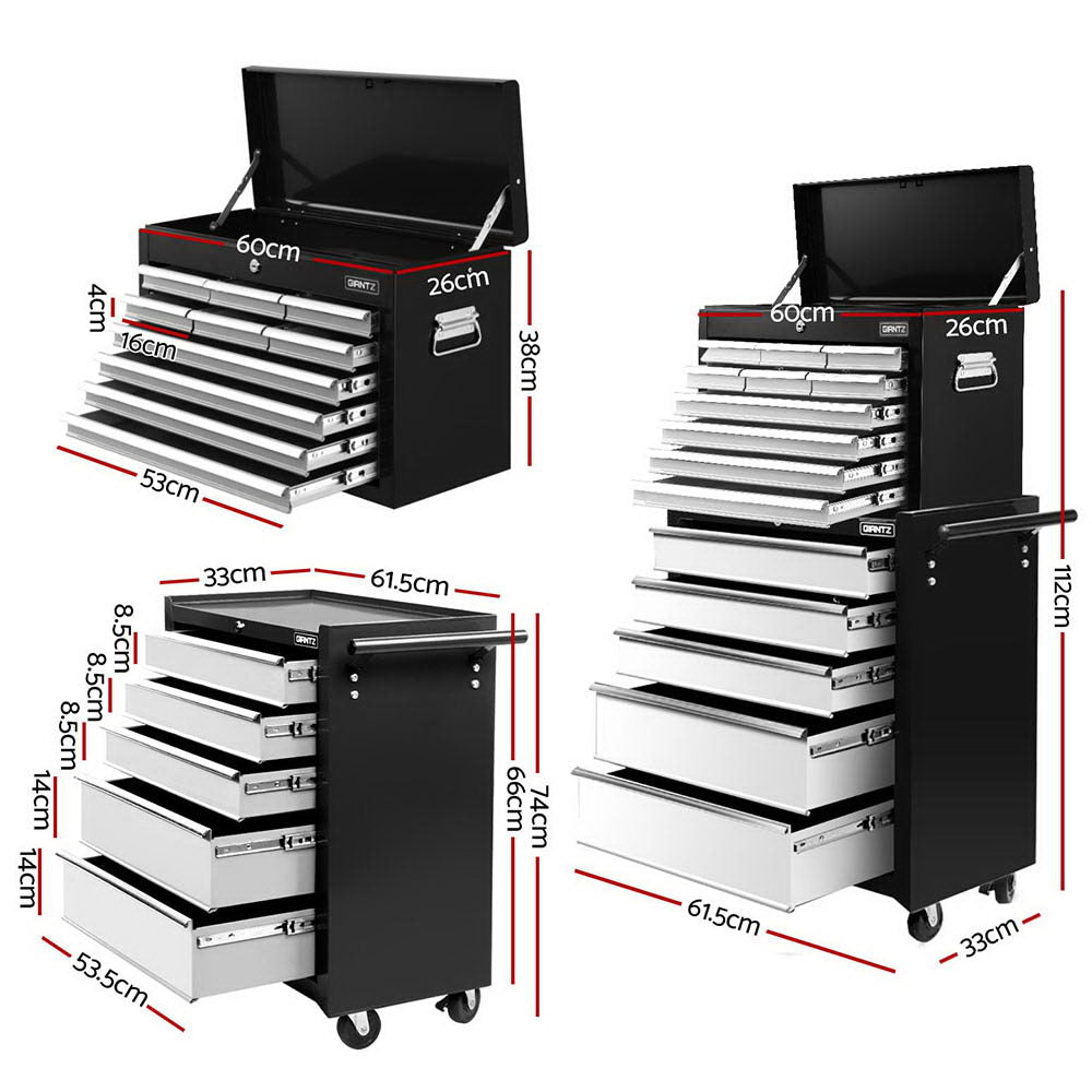 Giantz 15 Drawers Tool Chest Trolley Toolbox 2-in-1 Storage Black and Grey