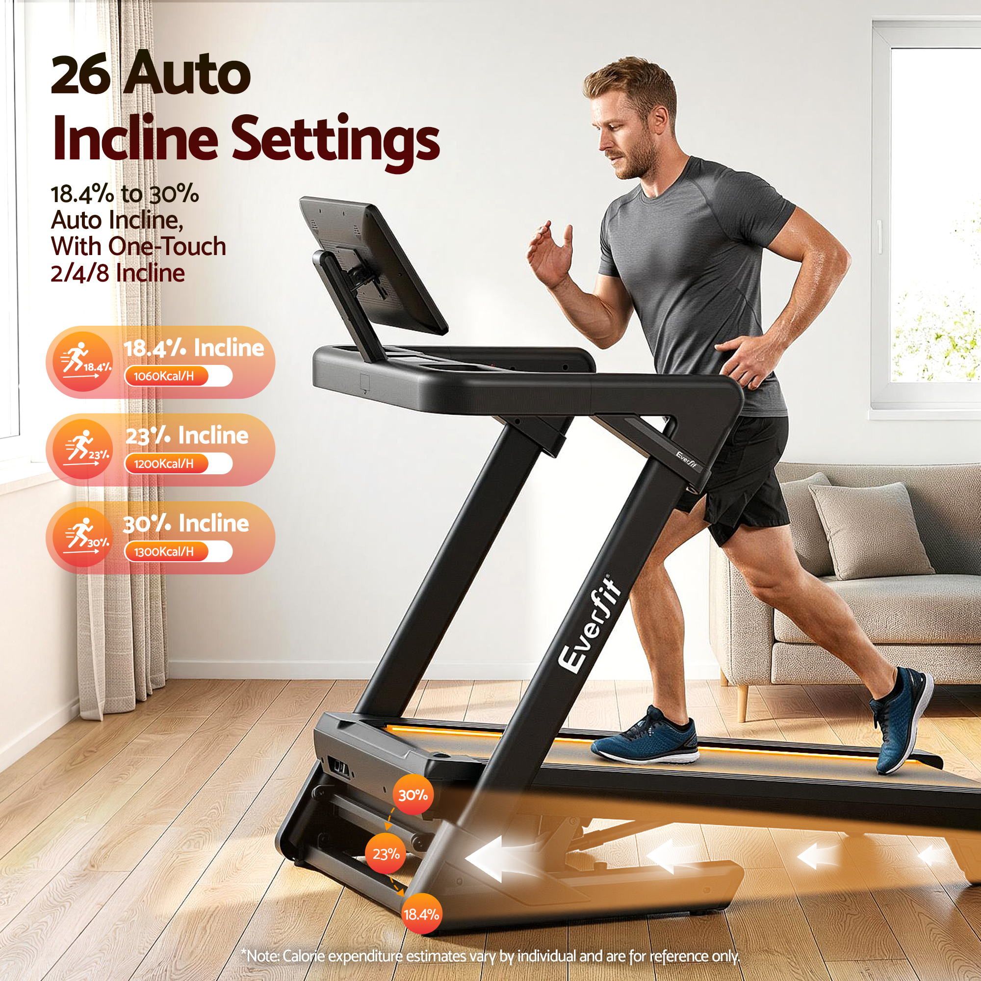 Everfit 500mm Wide Belt Treadmill 30% Auto Incline Foldable with LED Lights