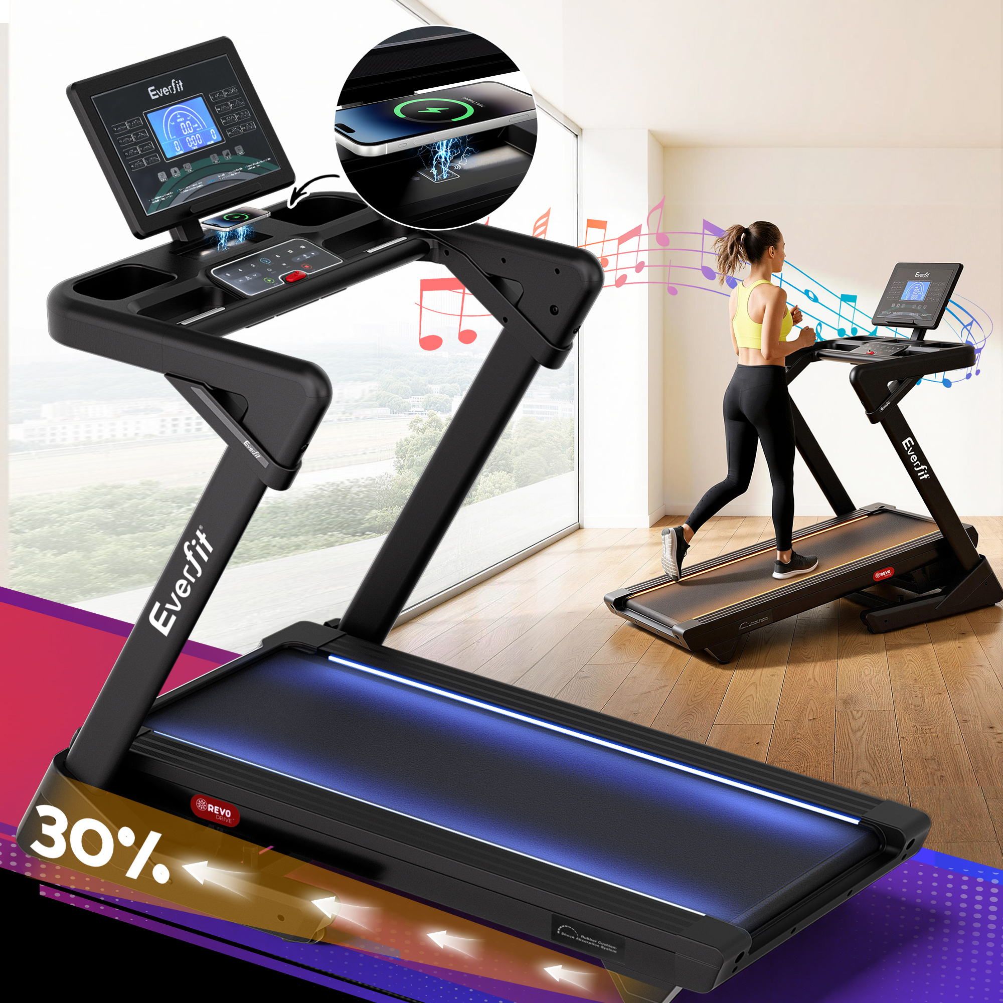 Everfit 500mm Wide Belt Treadmill 30% Auto Incline Foldable with LED Lights