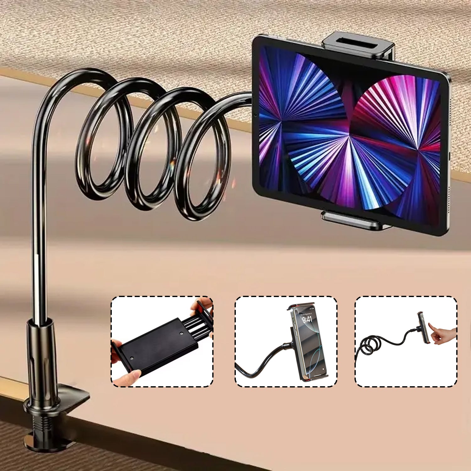 Urbanoki Gooseneck Phone Holder Flexible Clamp Mount for Bed Desk - Available in Two Colours