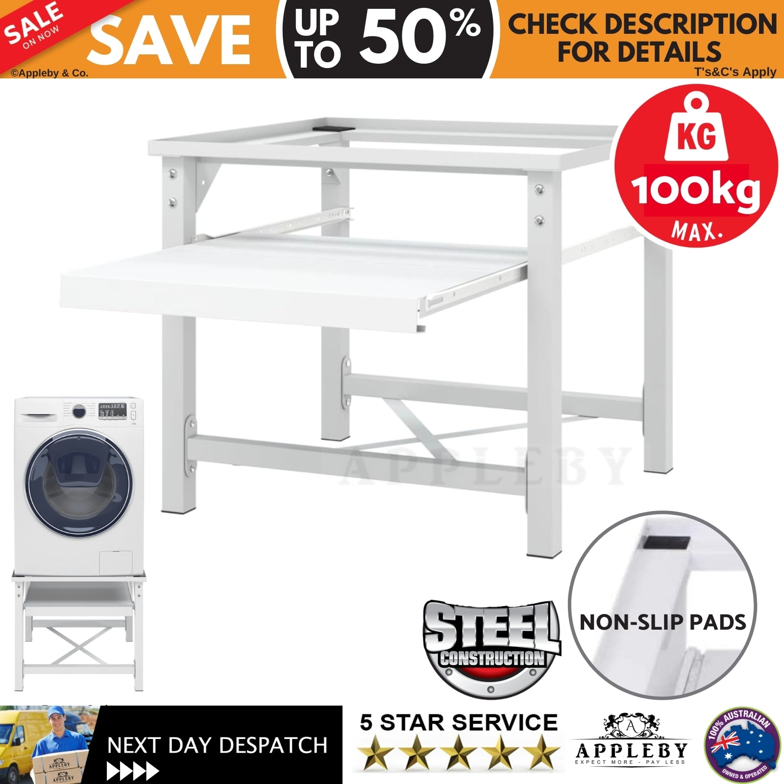 Washing Machine Pedestal with Pull-Out Shelf White