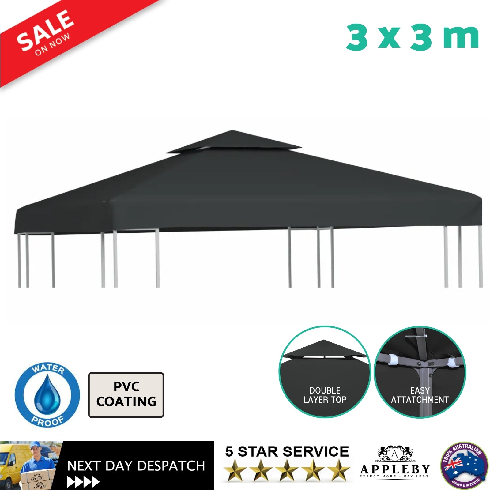 Water-proof Gazebo Cover Canopy 310 g / mÂ² Dark Grey 3 x 3 m