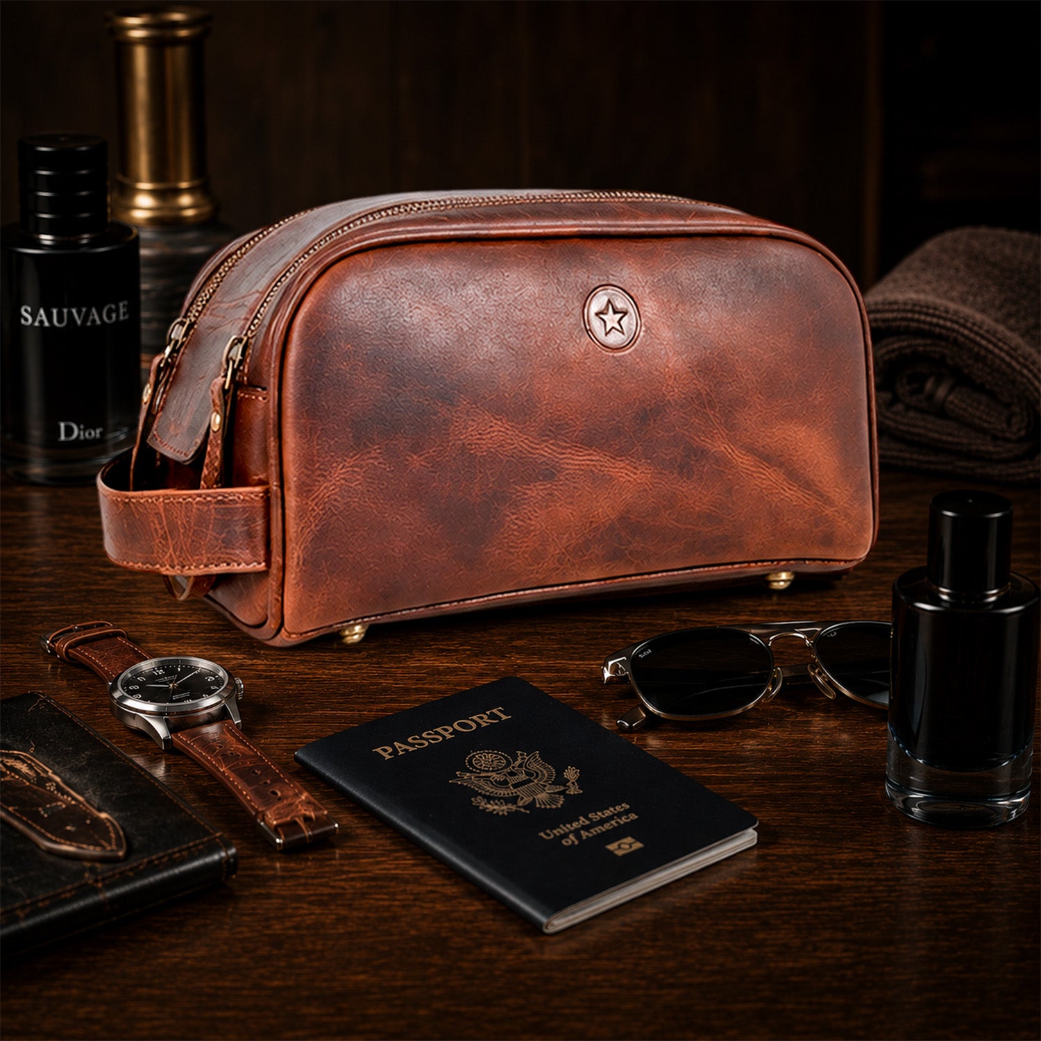 Leather Toiletry Bag for Men Leather Unisex Make-up Bag Travel Dopp Kit