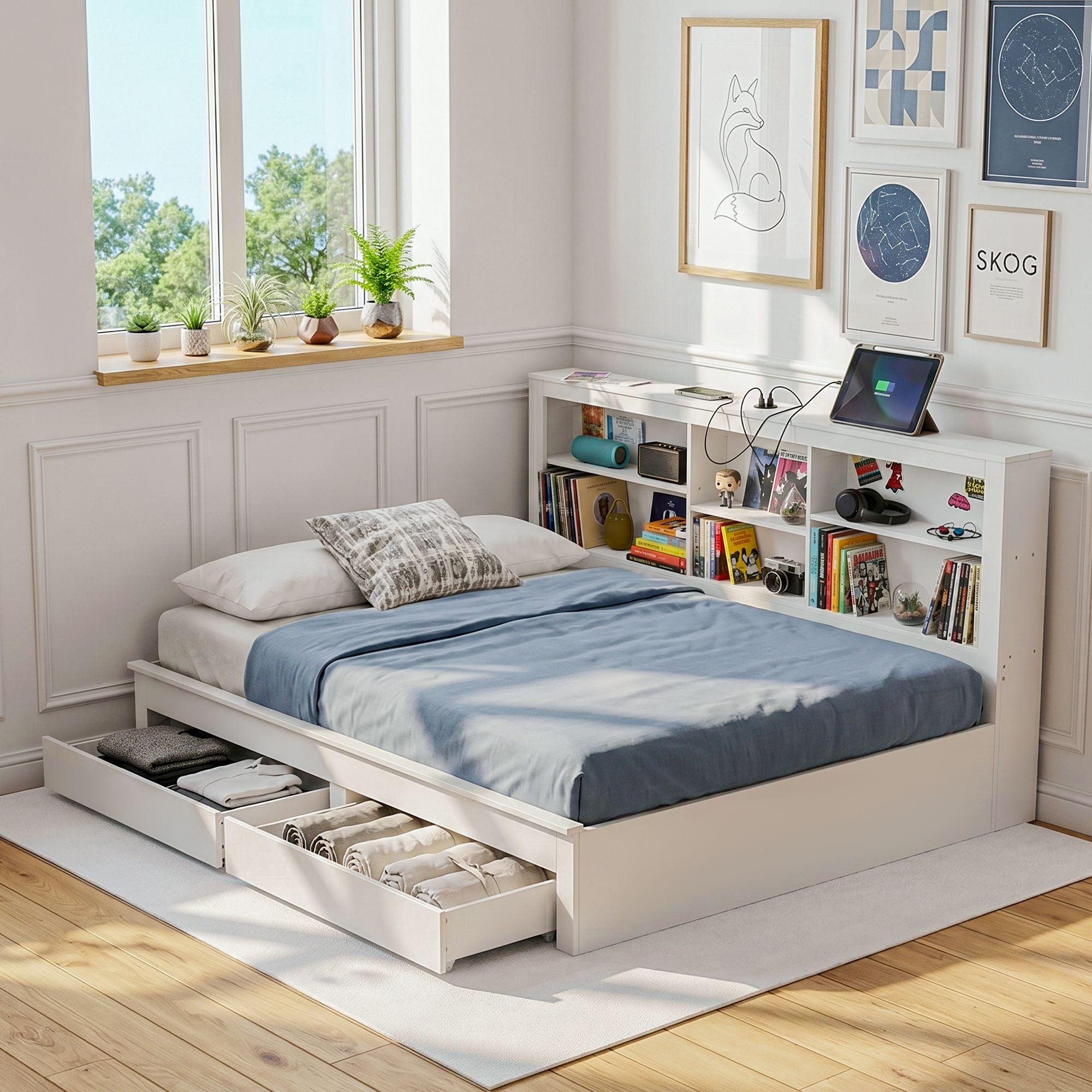 Artiss Noise-Free White Farmhouse Solid Wood Double Platform Bed Frame with Storage Headboard, Charging Station and Drawers