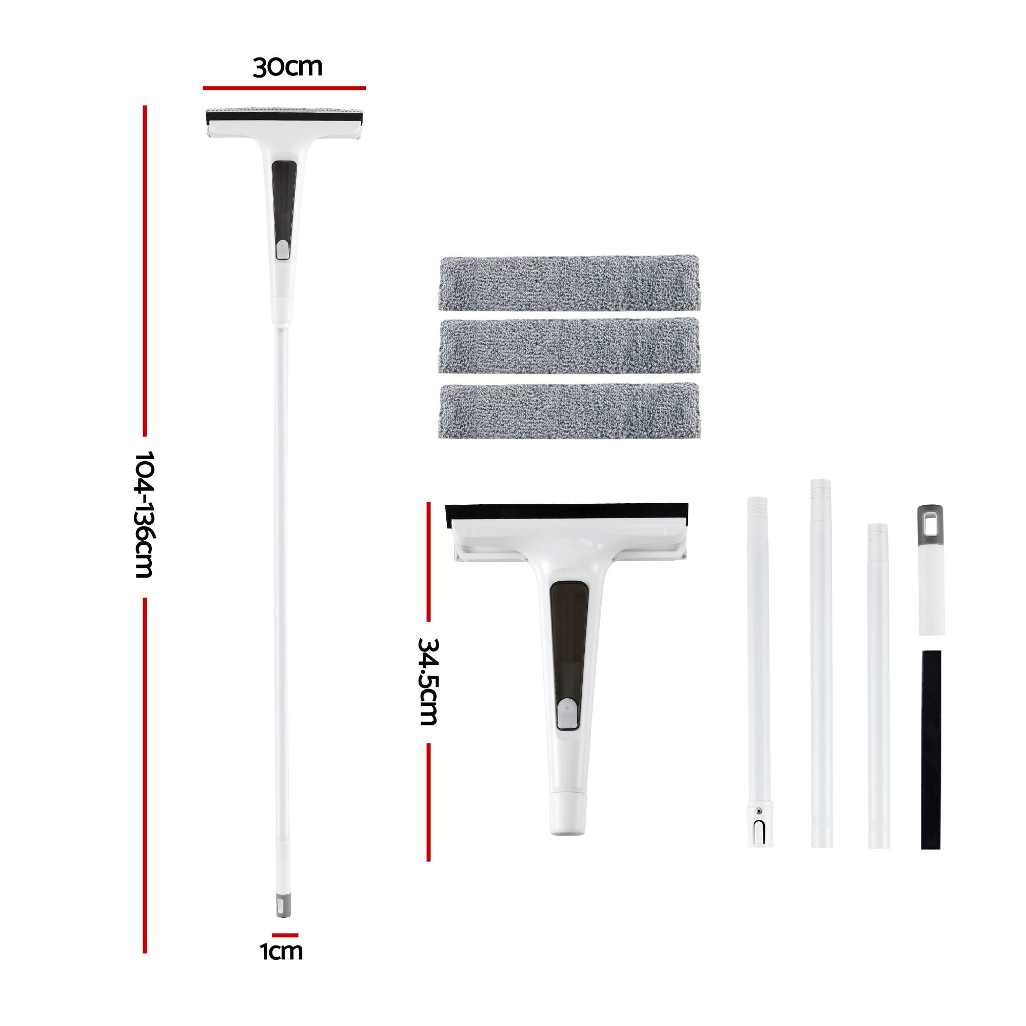 Giantz Window Cleaner Mirror Car, Spray Scrub Squeegee 136cm Extendable Long Handle with Water Tank 3 Microfiber Pads, White