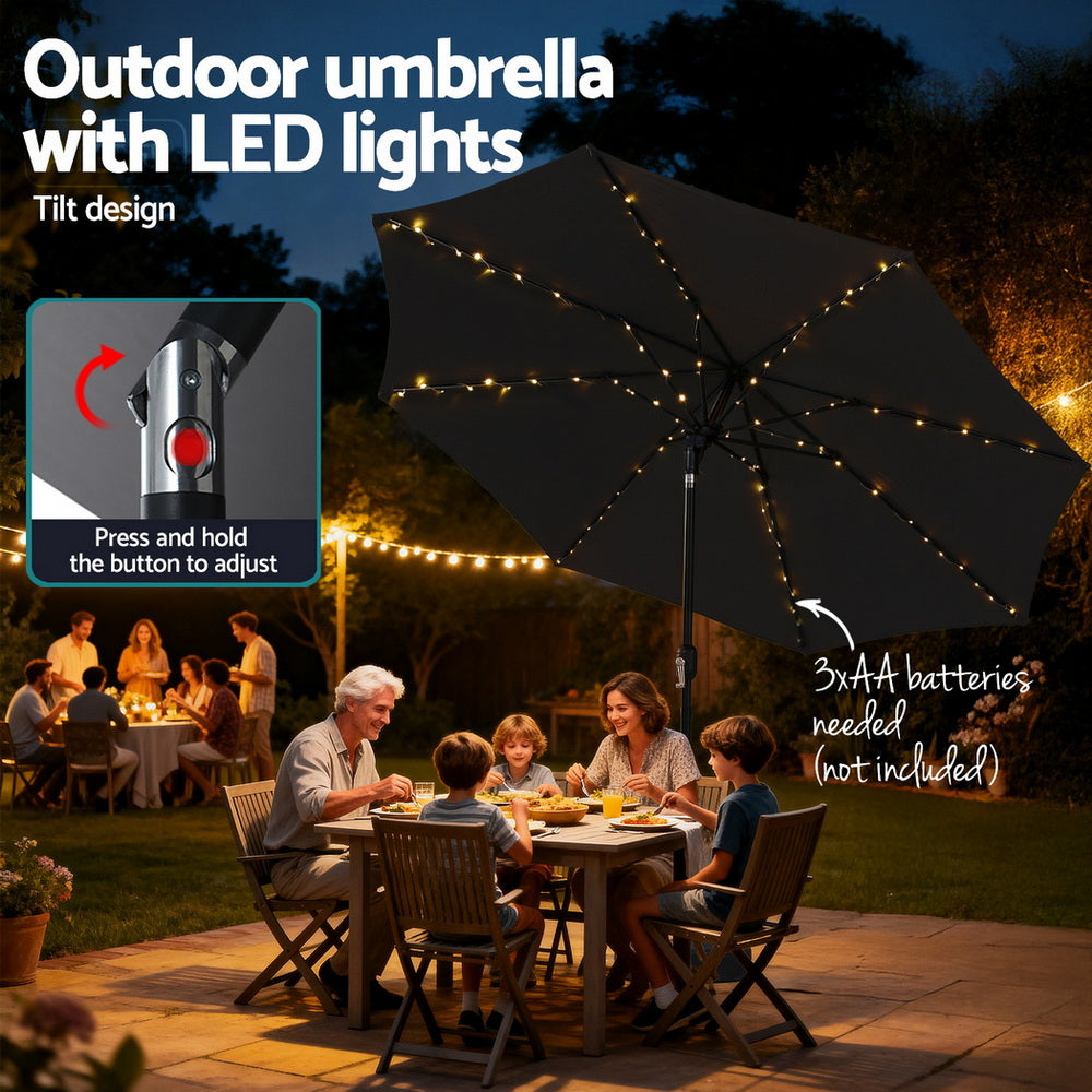Instahut Outdoor Umbrella 2.9m Market Umbrella with Base String Light Black