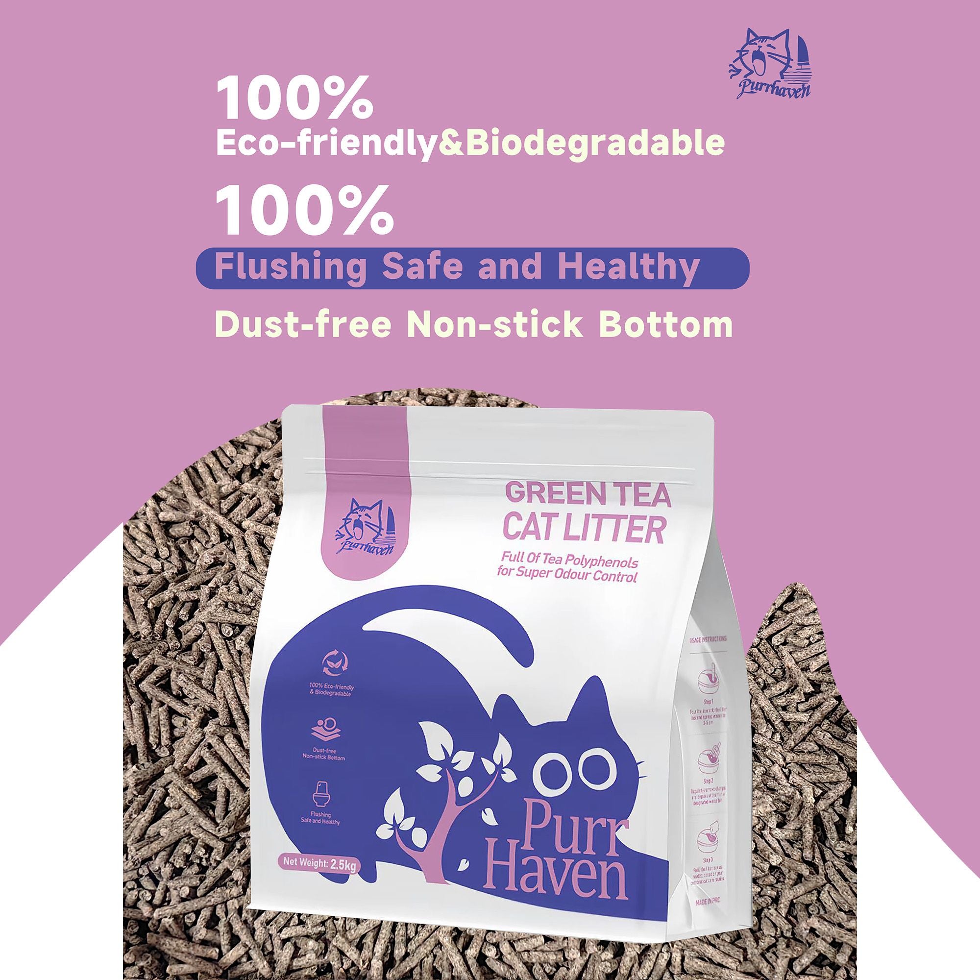 PurrHaven Green Tea Clumping Cat Litter 7.5kg 3 Pack Dust Free Flushable