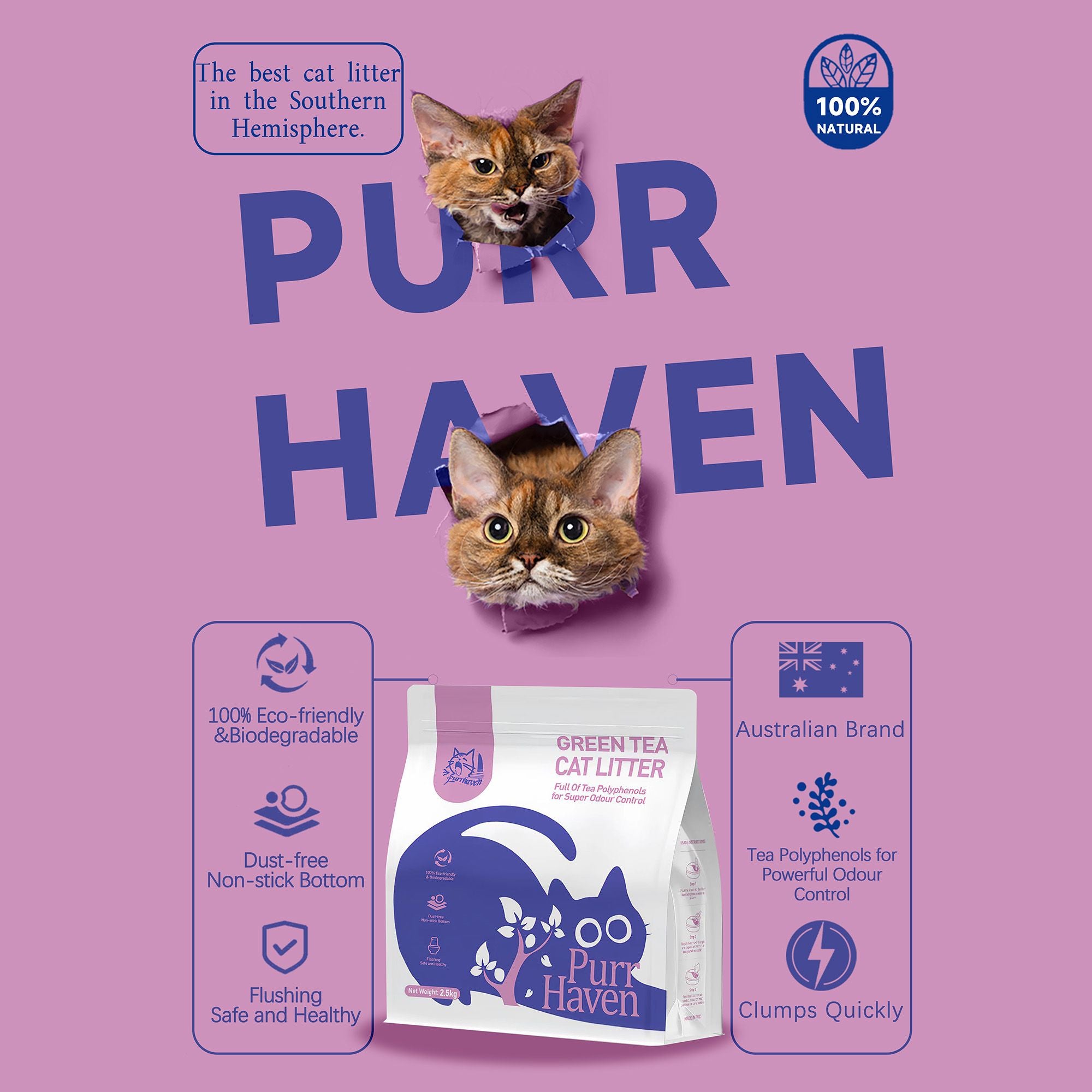 PurrHaven Green Tea Clumping Cat Litter 7.5kg 3 Pack Dust Free Flushable
