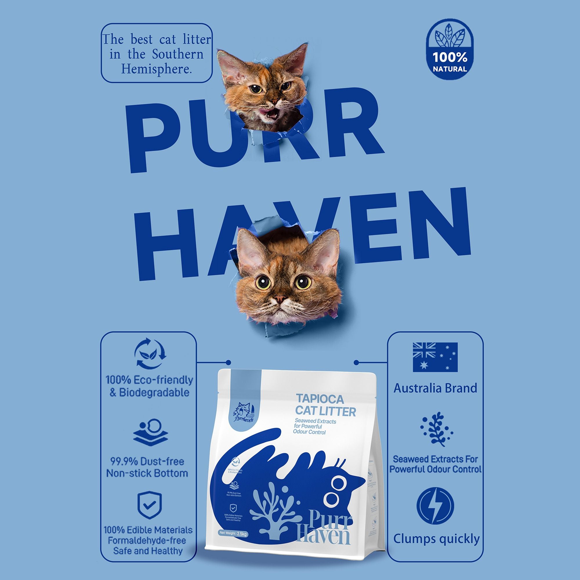 PurrHaven Tapioca Clumping Cat Litter 7.5kg 3 Pack Multi-Cat Dust Free