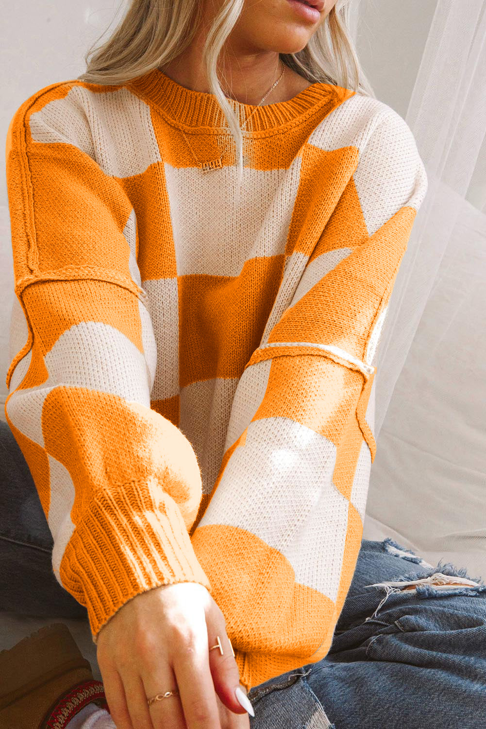 Orange Checkered Bishop Sleeve Sweater for Women