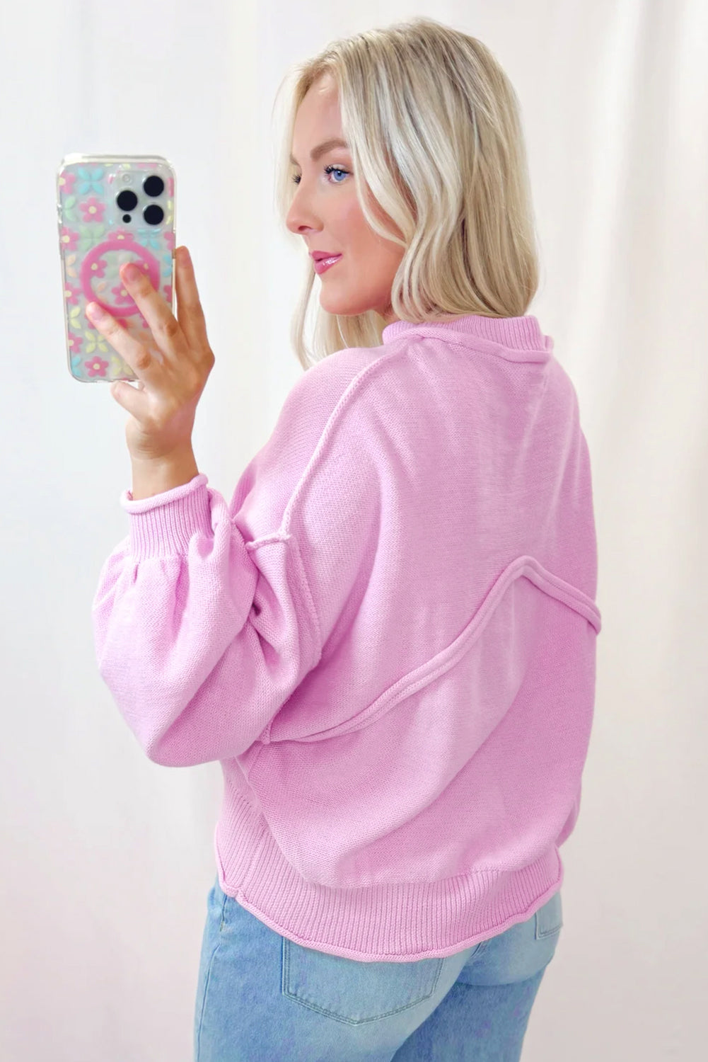 Women’s Pink Drop Shoulder Sweater with Raw Edge Ribbed Detail